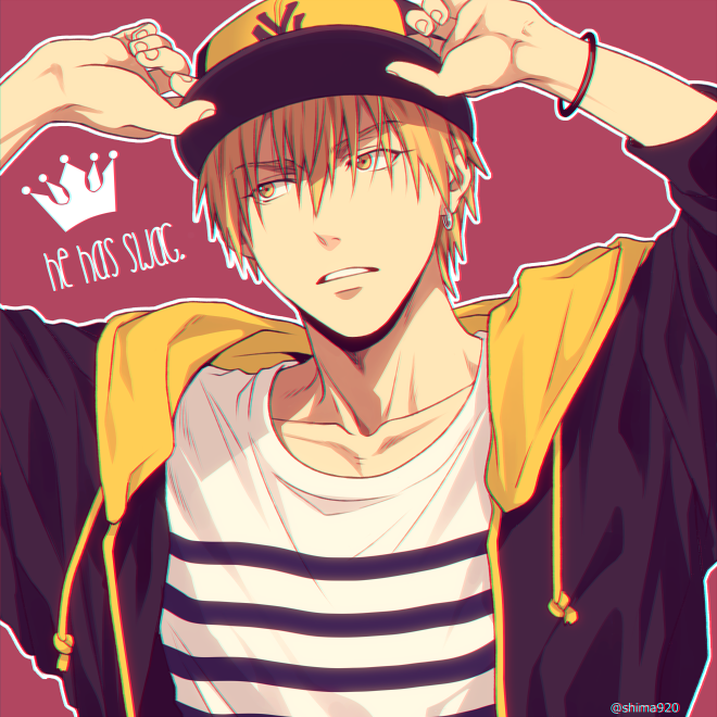 1boy adjusting_clothes adjusting_headwear arms_up bangs baseball_cap blonde_hair bracelet casual collarbone commentary_request crown drawstring earrings english_text hair_between_eyes hat hood hood_down hoodie jewelry kise_ryouta kuroko_no_basuke looking_to_the_side male_focus mashima_shima open_clothes open_hoodie outline parted_lips pink_background purple_headwear purple_hoodie shirt short_hair single_earring solo striped striped_shirt twitter_username upper_body white_outline white_shirt yellow_eyes