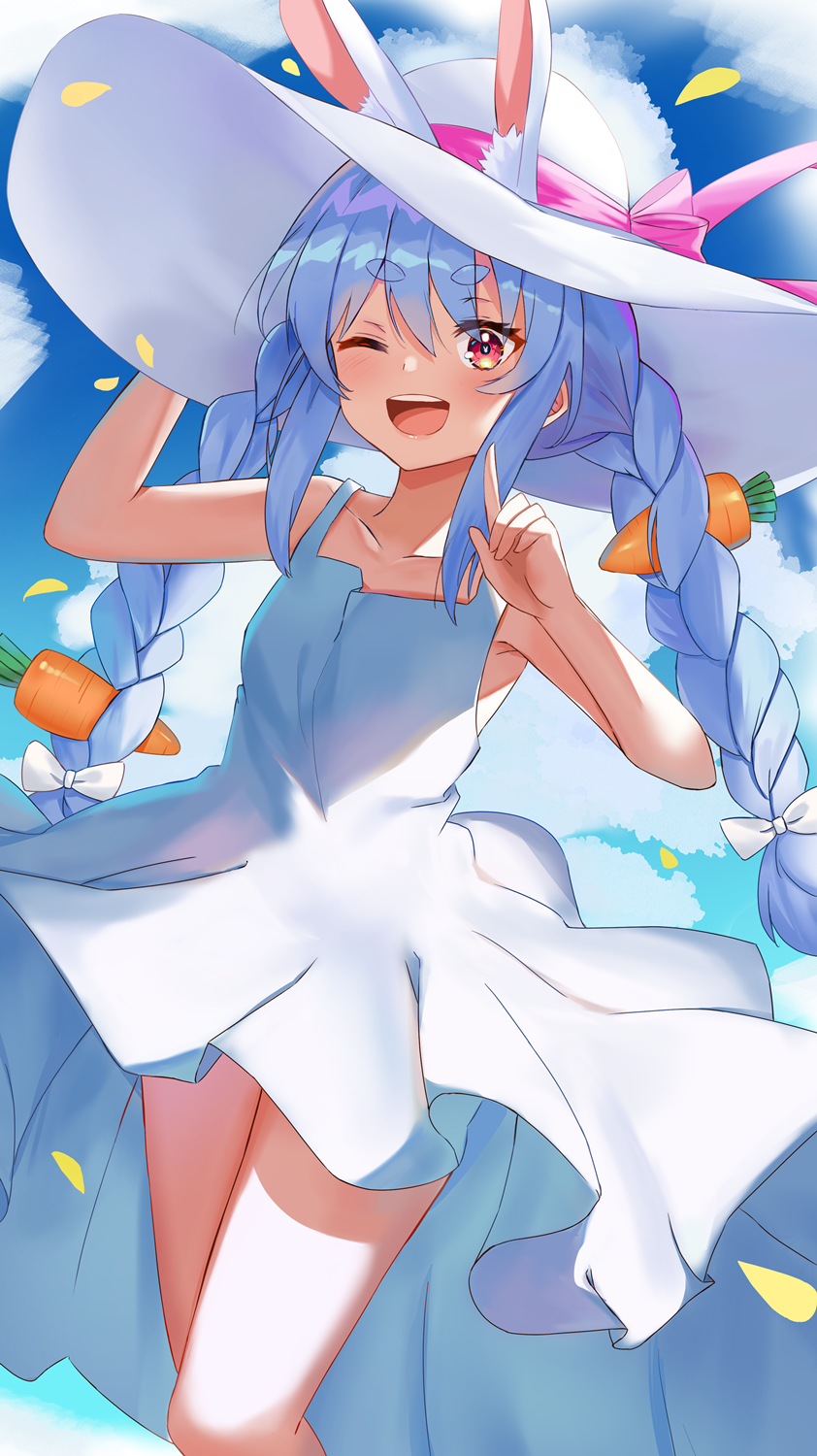 ;d animal_ear_fluff animal_ears armpit_peek bangs bare_shoulders blue_hair bow braid carrot_hair_ornament clouds cloudy_sky collarbone day derby_(dabidabi) dress dutch_angle eyebrows_visible_through_hair falling_petals feet_out_of_frame flat_chest food_themed_hair_ornament hair_between_eyes hair_bow hair_ornament hand_on_headwear hat hat_ribbon highres hololive index_finger_raised long_hair looking_down one_eye_closed open_mouth petals pink_ribbon rabbit_ears red_eyes ribbon sky smile standing sun_hat thick_eyebrows thighs twin_braids twintails upper_teeth usada_pekora very_long_hair virtual_youtuber white_bow white_dress white_headwear
