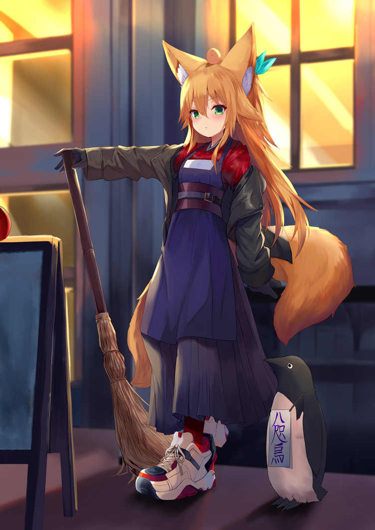 1girl animal_ears apron bird black_gloves black_jacket black_skirt blonde_hair broom closed_mouth fox_ears fox_girl fox_tail full_body gloves green_eyes hair_between_eyes jacket long_hair long_skirt long_sleeves looking_at_viewer multiple_tails off_shoulder open_clothes open_jacket original outstretched_arm penguin pleated_skirt red_legwear red_shirt shirt shoes skirt sneakers socks solo standing tail two_tails underbust white_footwear window yoshizawa_tsubaki