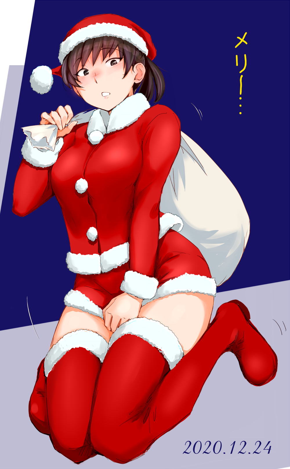 1girl 2020 amagami boots brown_eyes brown_hair covering covering_crotch dated embarrassed eyebrows_visible_through_hair fur_trim highres kneeling merry_christmas sack santa_costume sasaki_akira_(ugc) shorts surprised thigh-highs thigh_boots tsukahara_hibiki