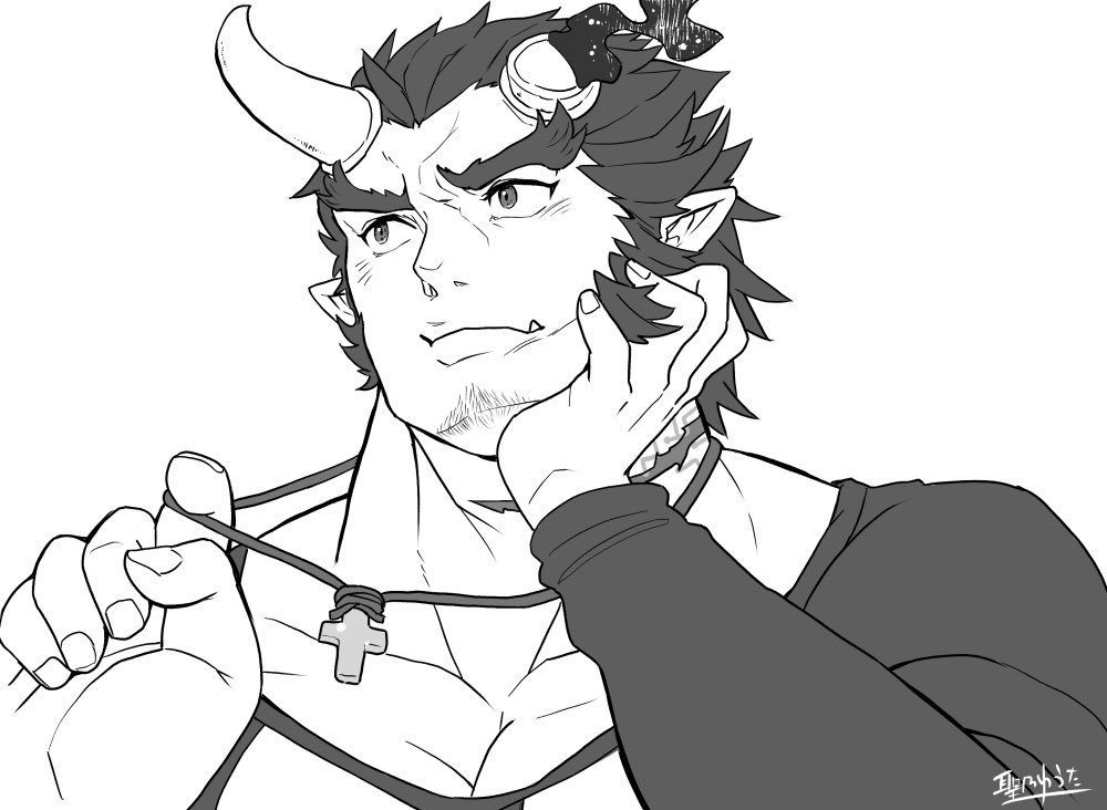 1boy broken_horn collarbone demon_boy demon_horns elbow_rest facial_hair greyscale hijirino_yuuta horns jewelry looking_to_the_side male_focus monochrome muscular muscular_male necklace pectorals scar_on_neck short_hair sideburns solo stubble takemaru_(tokyo_houkago_summoners) thick_eyebrows tokyo_houkago_summoners upper_body