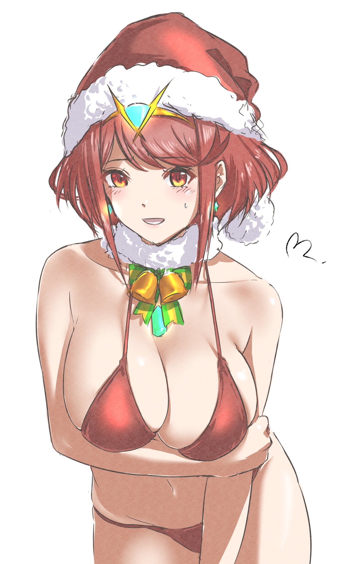1girl arm_under_breasts bangs bell bell_choker bikini blush breasts choker commentary_request earrings eyebrows_visible_through_hair hat highres holding_own_arm jewelry large_breasts mitsugu navel open_mouth pyra_(xenoblade) red_bikini red_eyes redhead santa_hat short_hair swept_bangs swimsuit thighs tiara white_background xenoblade_chronicles_(series) xenoblade_chronicles_2