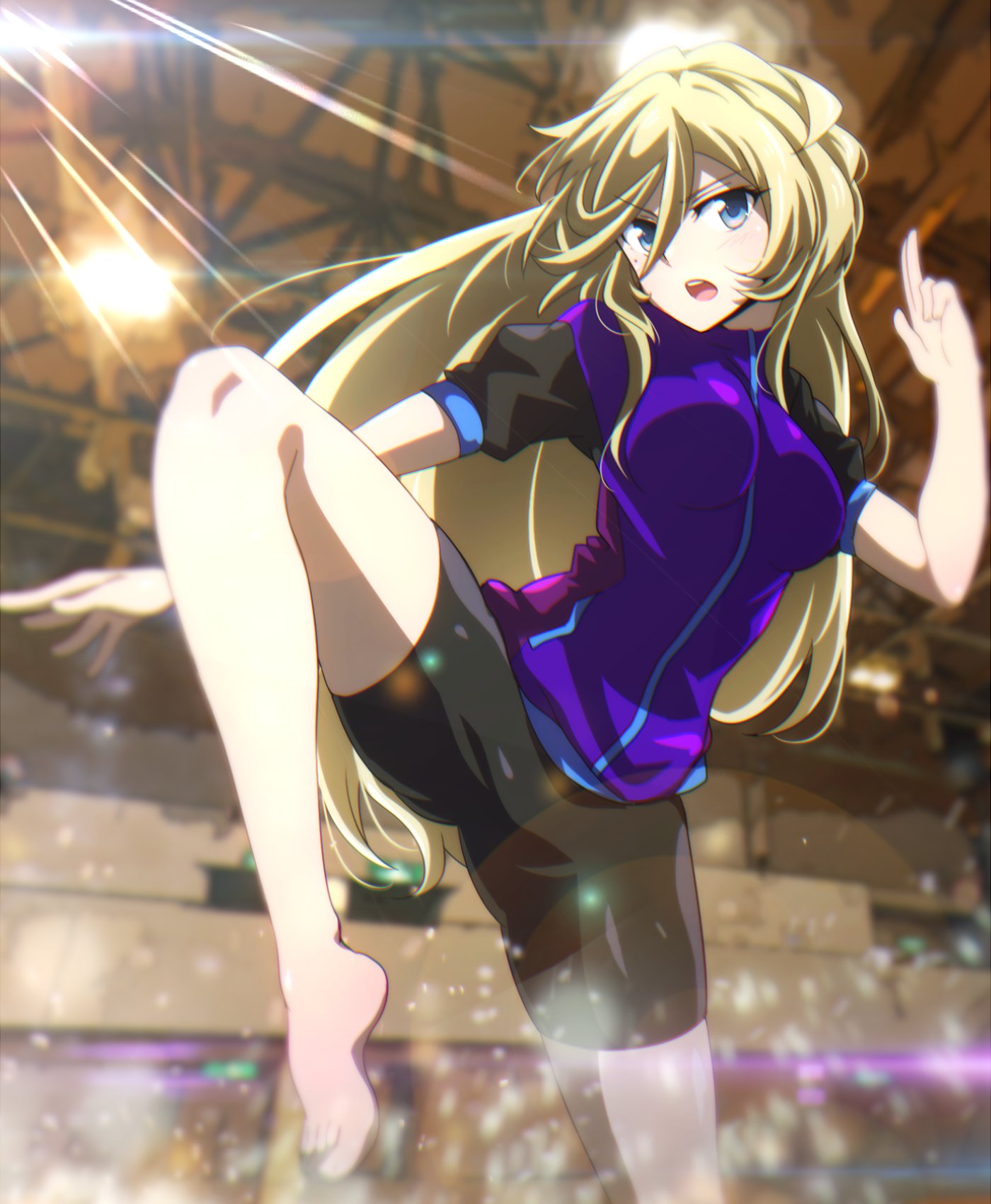 1girl alternate_hairstyle bike_shorts black_shorts blonde_hair blue_eyes breasts carol_malus_dienheim highres leg_lift leg_up long_hair looking_at_viewer medium_breasts mole mole_under_eye older open_mouth senki_zesshou_symphogear shiny shiny_hair shiny_skin shorts solo sportswear standing standing_on_one_leg tanashi_(mk2)