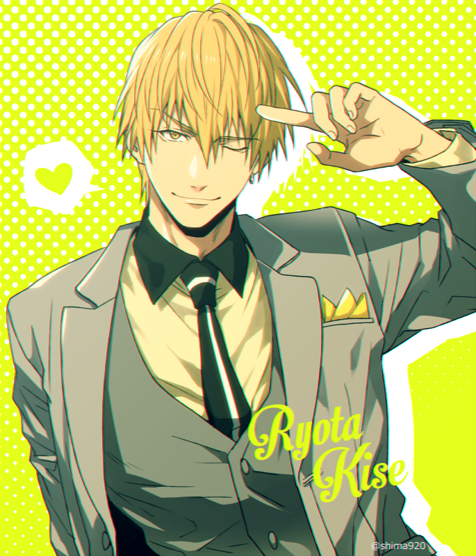 1boy ;) bangs black_neckwear blonde_hair character_name closed_mouth collared_shirt commentary_request formal green_background grey_jacket grey_suit grey_vest hair_between_eyes hand_up heart jacket jewelry kise_ryouta kuroko_no_basuke long_sleeves looking_at_viewer male_focus mashima_shima necktie one_eye_closed open_clothes open_jacket polka_dot polka_dot_background salute shirt short_hair single_earring smile solo speech_bubble spoken_heart suit twitter_username upper_body vest yellow_eyes