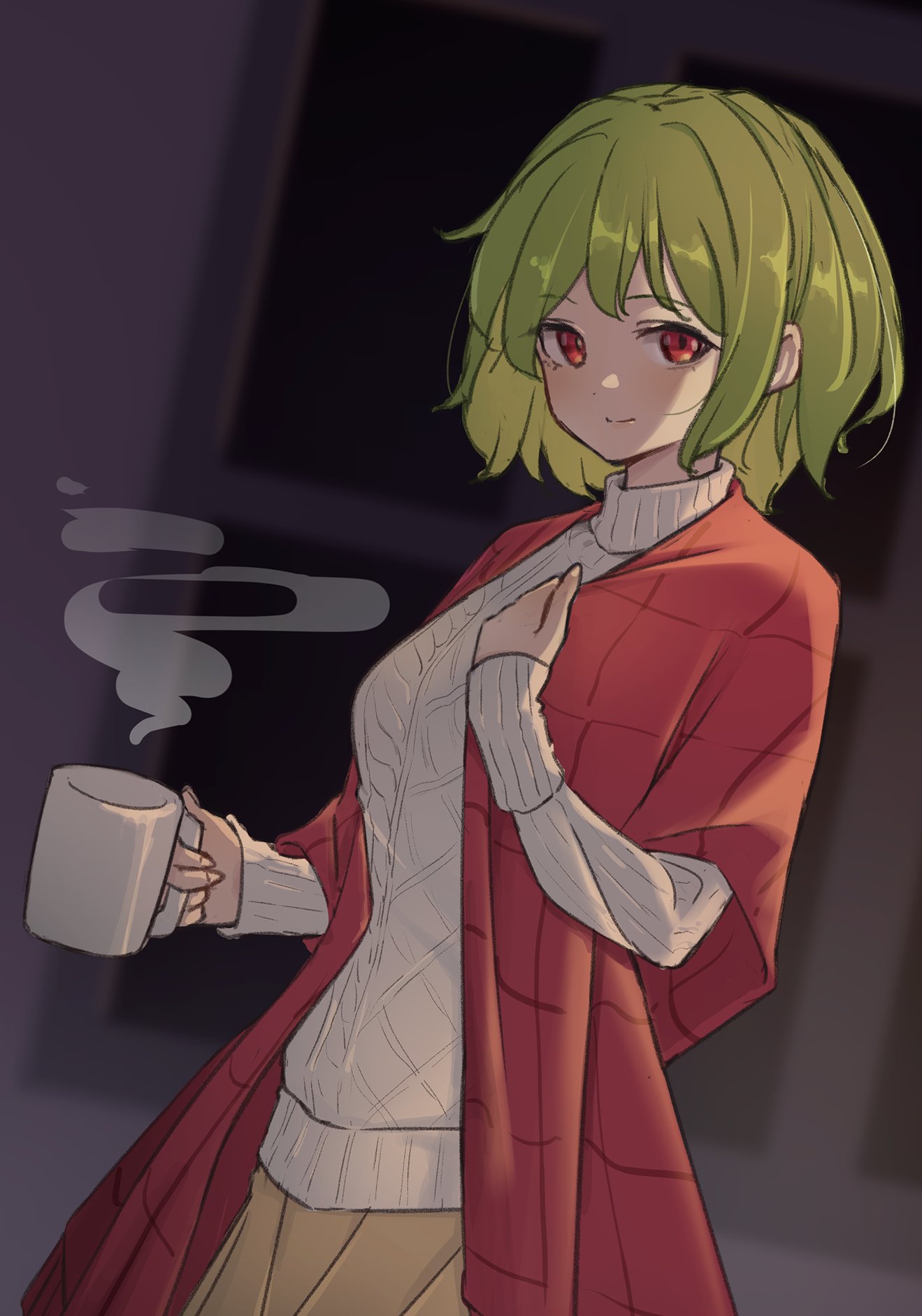 1girl adjusting_clothes alternate_costume bangs beige_skirt blurry blurry_background bob_cut commentary cowboy_shot cup green_hair hand_up highres holding holding_clothes holding_cup indoors kanpa_(campagne_9) kazami_yuuka knit_sweater light_blush light_smile long_sleeves looking_at_viewer plaid red_eyes ribbed_sleeves ribbed_sweater short_hair sidelocks solo steam sweater touhou turtleneck turtleneck_sweater white_sweater