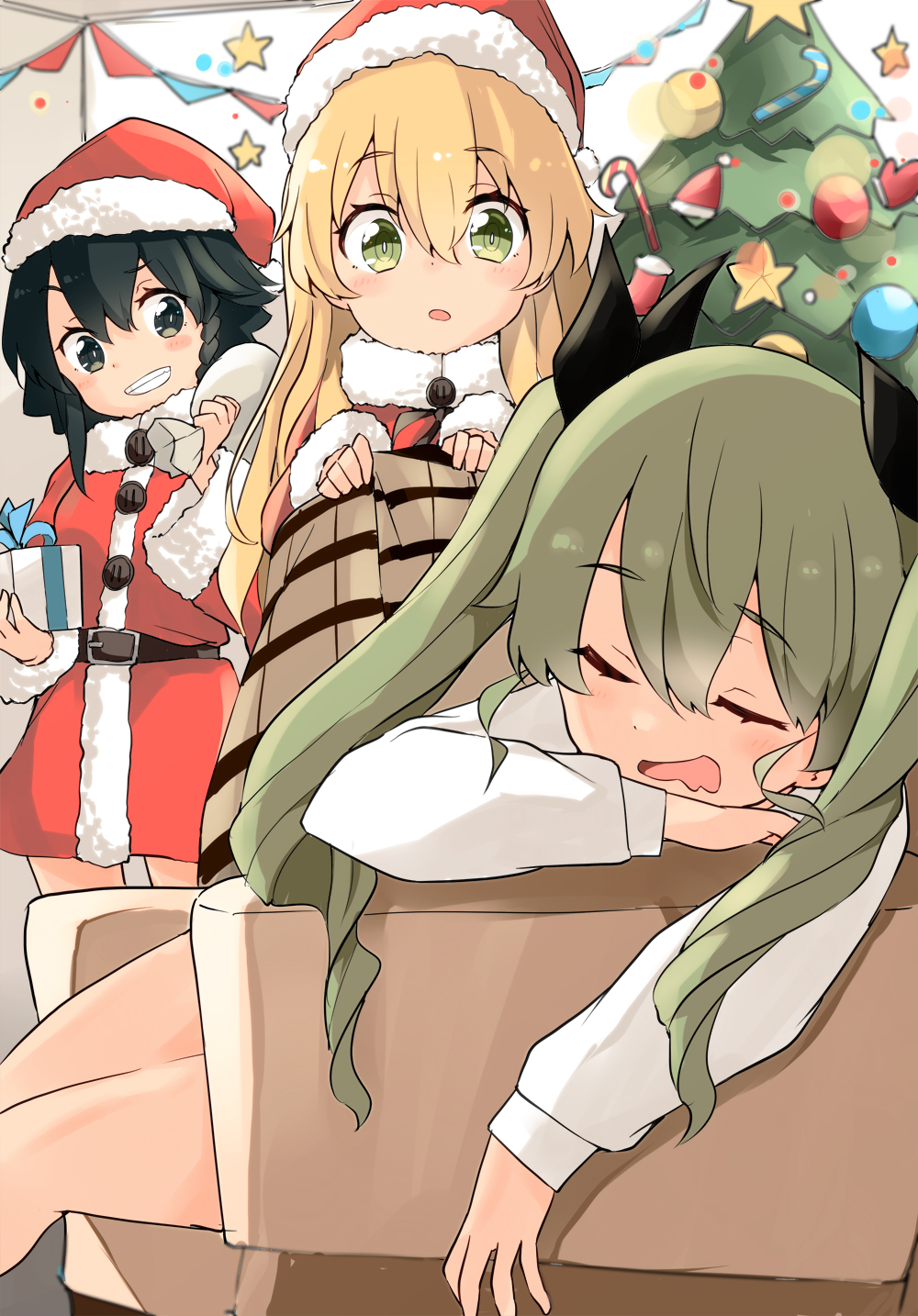 3girls alternate_costume anchovy_(girls_und_panzer) armchair bangs barashiya belt black_belt black_hair black_ribbon blonde_hair braid brown_eyes candy candy_cane carpaccio_(girls_und_panzer) chair christmas christmas_tree closed_eyes commentary dress dress_shirt drill_hair eyebrows_visible_through_hair food gift girls_und_panzer green_eyes green_hair grin hair_ribbon hat highres holding holding_blanket holding_gift holding_sack indoors leaning_to_the_side long_hair long_sleeves looking_at_another multiple_girls open_mouth over_shoulder pepperoni_(girls_und_panzer) red_dress red_headwear ribbon sack saliva santa_costume santa_dress santa_hat shirt short_dress short_hair side_braid sitting sleeping smile standing star_ornament twin_drills twintails white_shirt