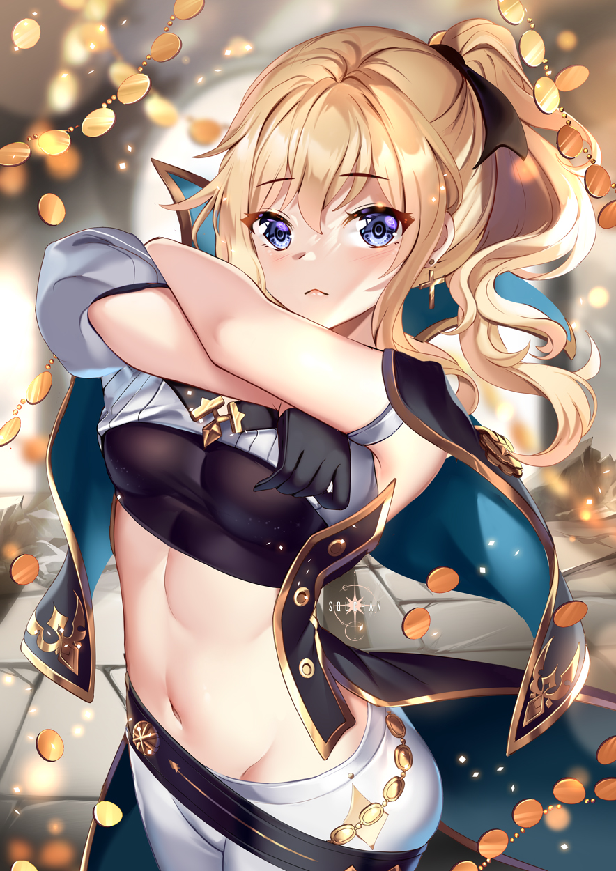 1girl :&lt; armlet arms_up artist_name bangs belt black_cape black_gloves black_ribbon black_sports_bra blonde_hair blue_eyes blurry blurry_background blush cape closed_mouth clothes_lift commentary cowboy_shot cross cross_earrings depth_of_field earrings eyebrows_visible_through_hair genshin_impact gloves gold hair_ribbon heart heart_in_eye highres jean_gunnhildr jewelry lifted_by_self long_hair looking_at_viewer navel pants ponytail ribbon sleeveless solo sports_bra squchan stomach symbol_in_eye undressing white_pants