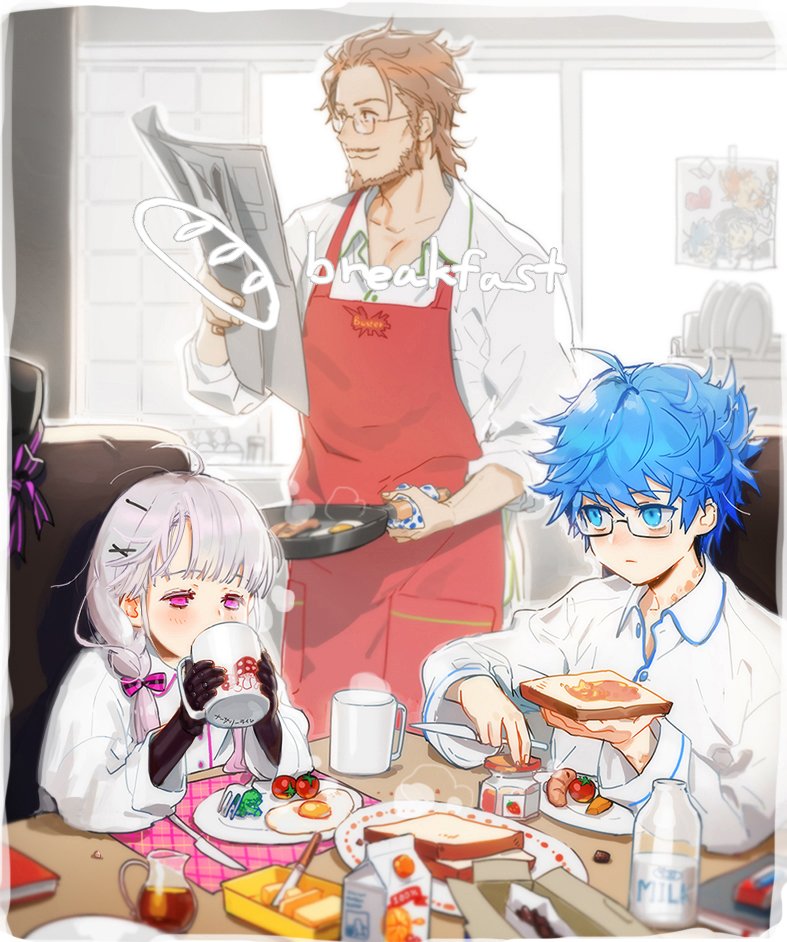 1girl 2boys apron bacon bags_under_eyes baguette beard blue_eyes blue_hair body_markings bottle bow braid bread bread_slice breakfast broccoli brown_hair buster_shirt butter butter_knife cereal cereal_box cheese child_drawing cup doll_joints drinking egg eyebrows_behind_hair facial_hair fate_(series) food fork fried_egg fruit frying_pan glasses hair_bow hair_ornament hairclip hans_christian_andersen_(fate) hat hat_removed hat_ribbon headwear_removed holding holding_food holding_frying_pan jam jar joints milk milk_bottle mug multiple_boys mushroom mustache newspaper nonockha notebook nursery_rhyme_(fate/extra) orange_juice pitcher placemat plate pocket ribbon sausage semi-rimless_eyewear sitting sleeves_rolled_up standing steam strawberry syrup toast tomato tray violet_eyes white_hair william_shakespeare_(fate)