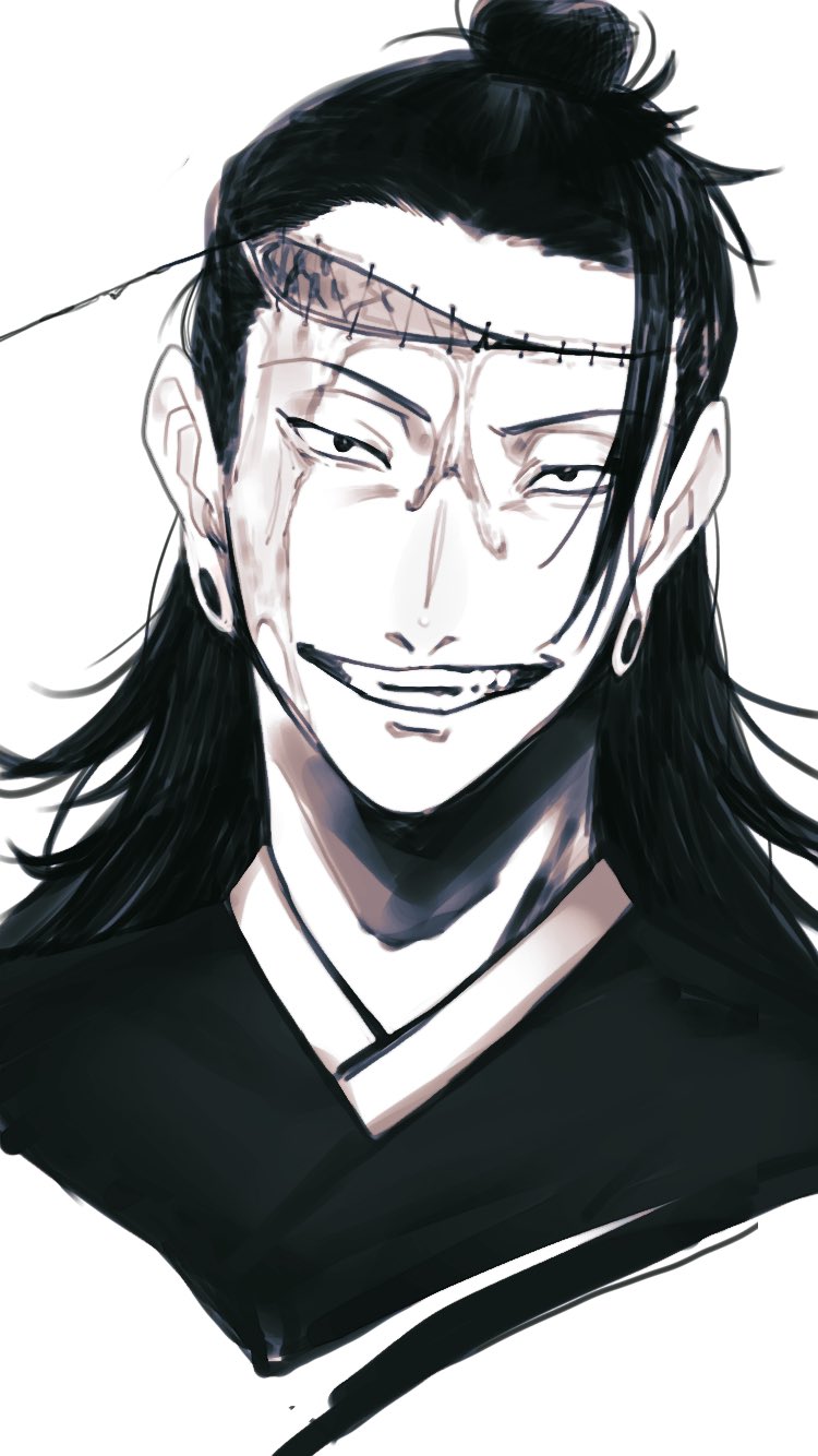 1boy bakushi_(kaeritai0609) copyright_request earrings greyscale grin head_tilt highres jewelry long_hair looking_at_viewer male_focus monochrome portrait simple_background smile solo stitched_face topknot white_background