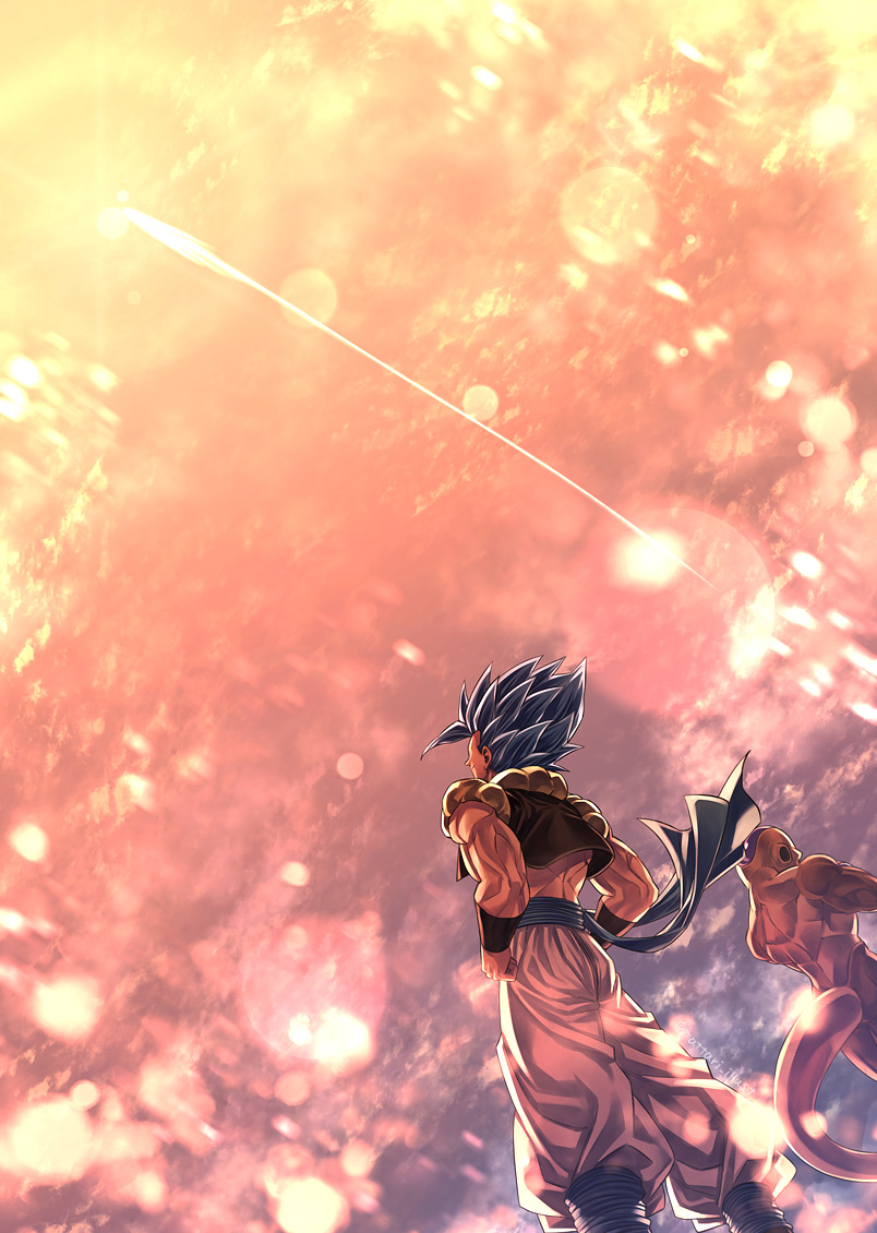 2boys arms_at_sides back-to-back baggy_pants bangs blue_hair blurry bokeh clenched_hands clothes_lift clouds cloudy_sky crossed_arms depth_of_field dragon_ball dragon_ball_super dragon_ball_super_broly dutch_angle evening facing_away feet_out_of_frame frieza from_behind gogeta golden_frieza gradient gradient_background grey_sky lens_flare looking_up male_focus mattari_illust metamoran_vest multiple_boys negative_space orange_sky outdoors pants profile shooting_star sky smile spiky_hair standing sun sunlight super_saiyan super_saiyan_blue tail twitter_username white_pants wide_shot wind wind_lift yellow_sky