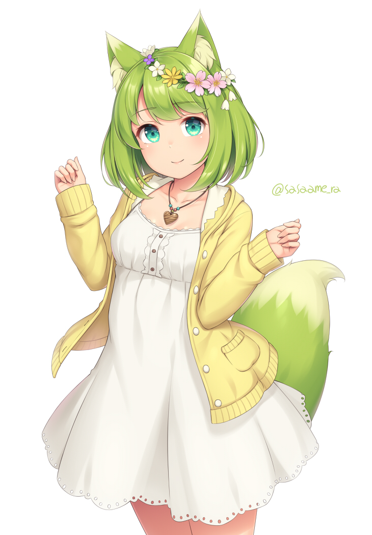 1girl animal_ear_fluff animal_ears blush bob_cut closed_mouth cowboy_shot daisy dress flower fox_ears fox_tail green_eyes green_fox_(sasaame) green_hair hair_flower hair_ornament hands_up head_wreath heart heart_necklace jacket legs_together long_sleeves looking_at_viewer medium_hair open_clothes open_jacket original pink_flower purple_flower sasaame signature simple_background smile solo symbol_commentary tail twitter_username white_background white_dress white_flower yellow_flower yellow_jacket