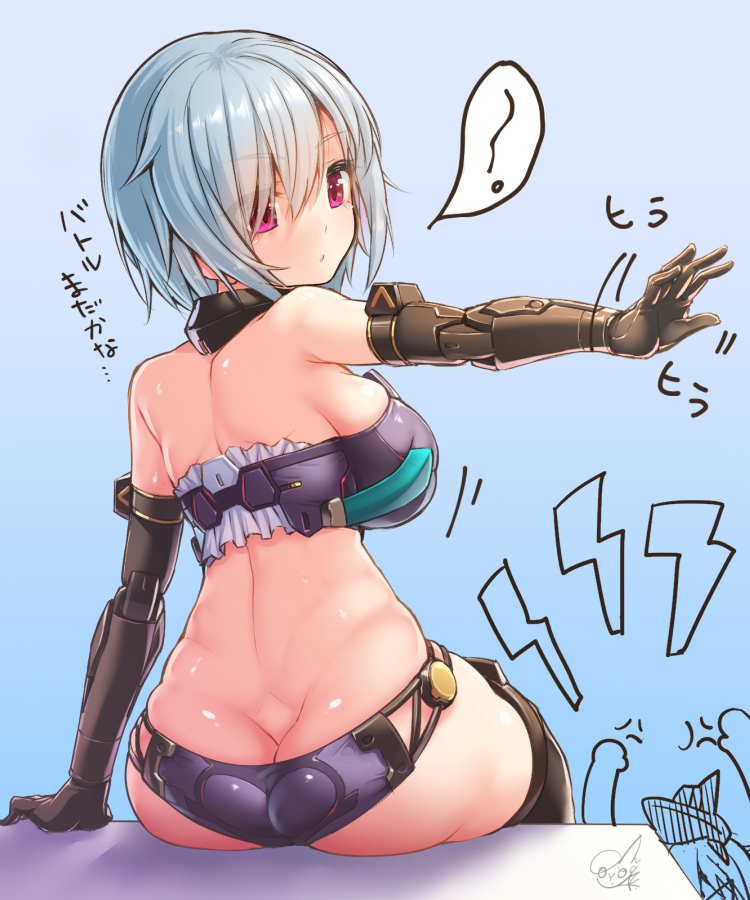 1girl ass bikini black_legwear blue_bikini blue_hair blush breasts butt_crack doyouwantto frame_arms_girl from_behind hresvelgr large_breasts looking_at_viewer looking_back mecha_musume mechanical_arms outstretched_arm pink_eyes shiny shiny_clothes shiny_hair shiny_skin short_hair sitting skindentation solo swimsuit