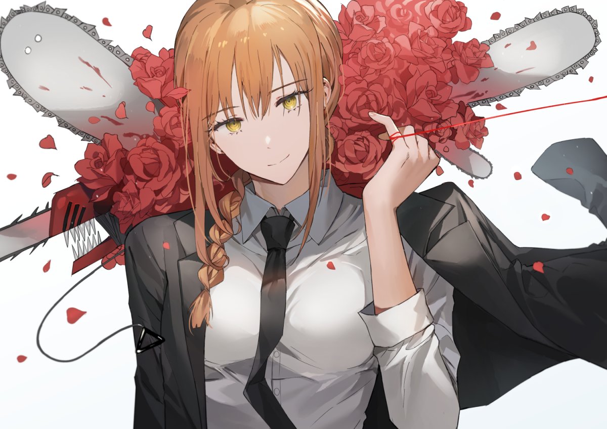 1girl arm_up black_neckwear braid braided_ponytail breasts business_suit chainsaw chainsaw_man commentary eyebrows_visible_through_hair flower formal gompang hair_up looking_at_viewer makima_(chainsaw_man) medium_breasts necktie off_shoulder orange_hair petals red_flower red_rose rose shirt sidelocks simple_background smile solo string string_of_fate suit upper_body white_background white_shirt yellow_eyes