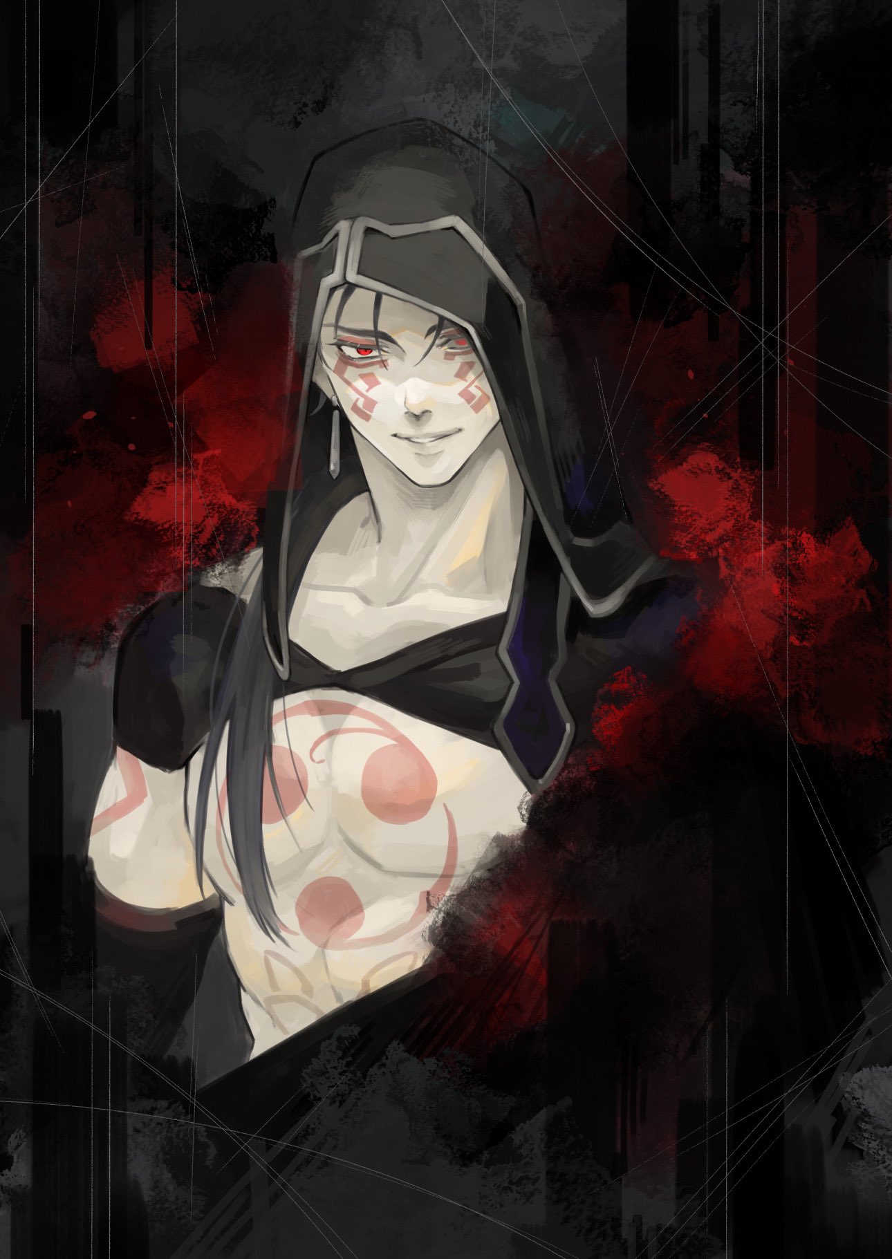 1boy black_hair blooming_yuki bodypaint cu_chulainn_(fate)_(all) cu_chulainn_alter_(fate/grand_order) dark_persona detached_hood earrings facepaint fate/grand_order fate_(series) fur highres hood hood_up jewelry long_hair looking_at_viewer male_focus muscular ponytail red_eyes shirtless smile solo type-moon