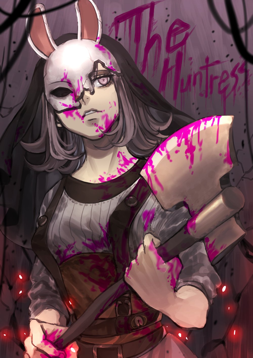 1girl axe belt blood blood_on_face bloody_clothes breasts broken_mask brown_hair character_name commentary_request cosplay dangan_ronpa_(series) dangan_ronpa_2:_goodbye_despair dead_by_daylight doggye_(zginrwsn) habit hands_up highres holding holding_axe holding_weapon long_sleeves mask medium_breasts medium_hair nanami_chiaki parted_lips pink_blood pink_eyes smile solo teeth the_huntress_(dead_by_daylight) the_huntress_(dead_by_daylight)_(cosplay) upper_body weapon