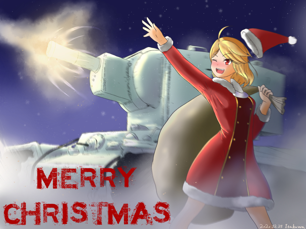 1girl artist_request blonde_hair blush breasts caterpillar_tracks christmas dated english_commentary english_text gift_bag ground_vehicle hat kv-2 merry_christmas military military_vehicle motor_vehicle night night_sky one_eye_closed original red_eyes short_hair sky snow snowing solo tank