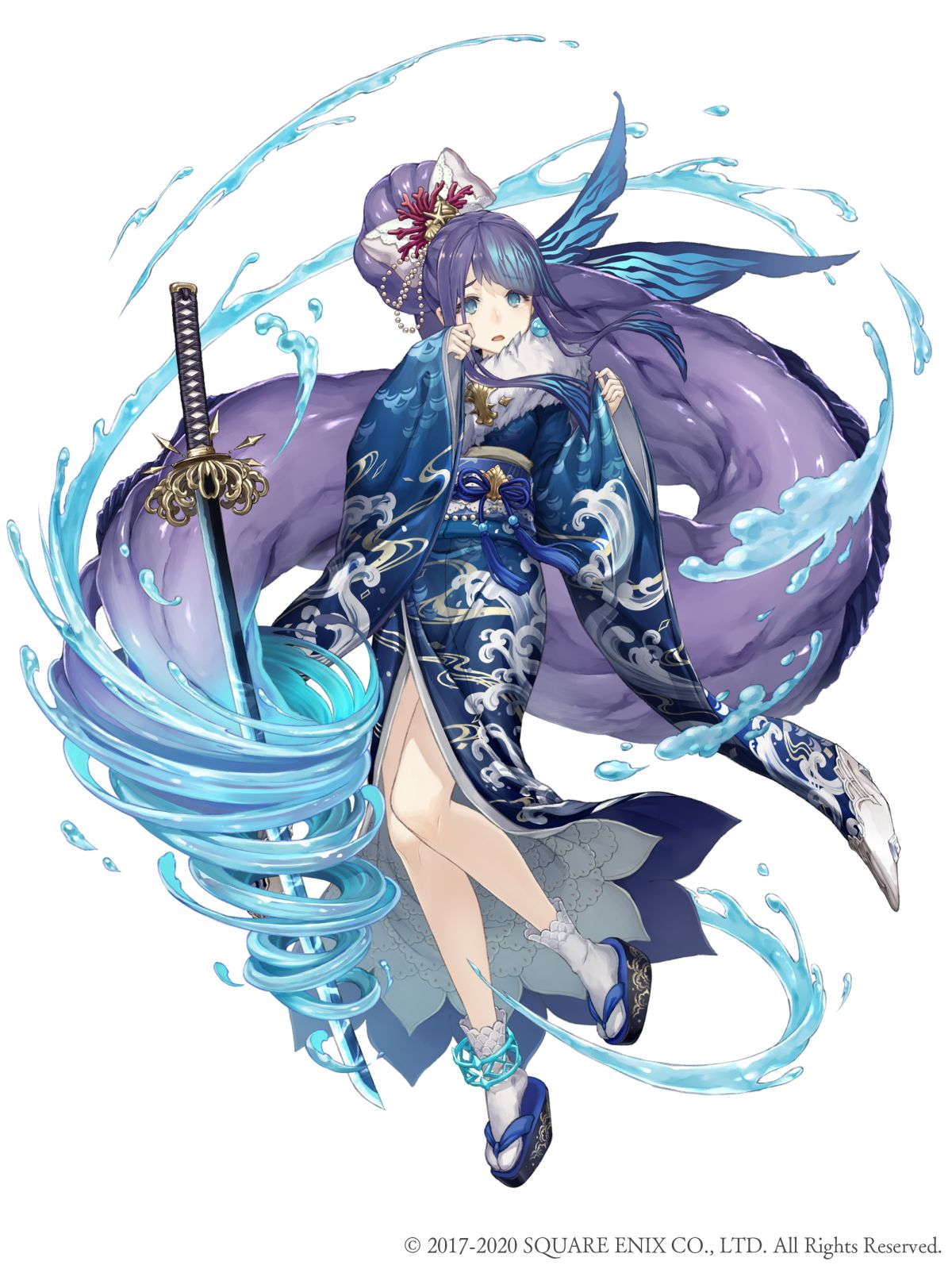 1girl absurdly_long_hair anklet aqua_eyes earrings eyebrows_visible_through_hair fins full_body fur_trim highres japanese_clothes jewelry ji_no katana kimono long_hair looking_at_viewer ningyo_hime_(sinoalice) official_art platform_footwear ponytail purple_hair sandals sash sinoalice socks solo square_enix sword very_long_hair water weapon white_background wide_sleeves