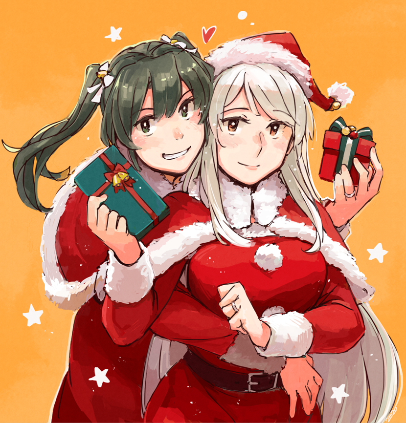 2girls bangs box breasts brown_eyes capelet christmas fur_trim gift gift_box green_eyes green_hair grin hair_ribbon hat heart holding holding_gift jewelry kantai_collection long_hair long_sleeves multiple_girls orange_background ribbon ring santa_costume santa_hat shoukaku_(kantai_collection) simple_background smile star_(symbol) twintails weidashming white_hair zuikaku_(kantai_collection)