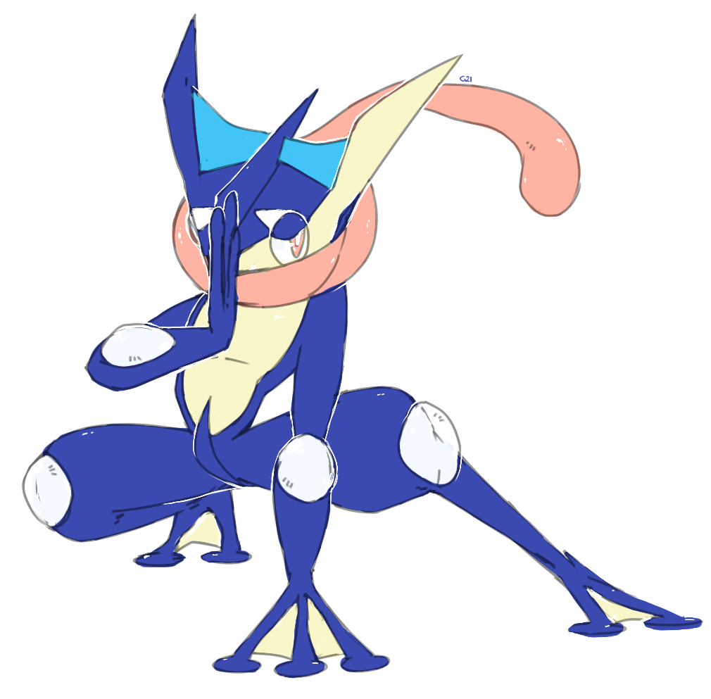 brown_eyes commentary creature english_commentary fighting_stance full_body gen_6_pokemon greninja no_humans pinkgermy pokemon pokemon_(creature) simple_background solo standing tongue tongue_out tongue_scarf white_background
