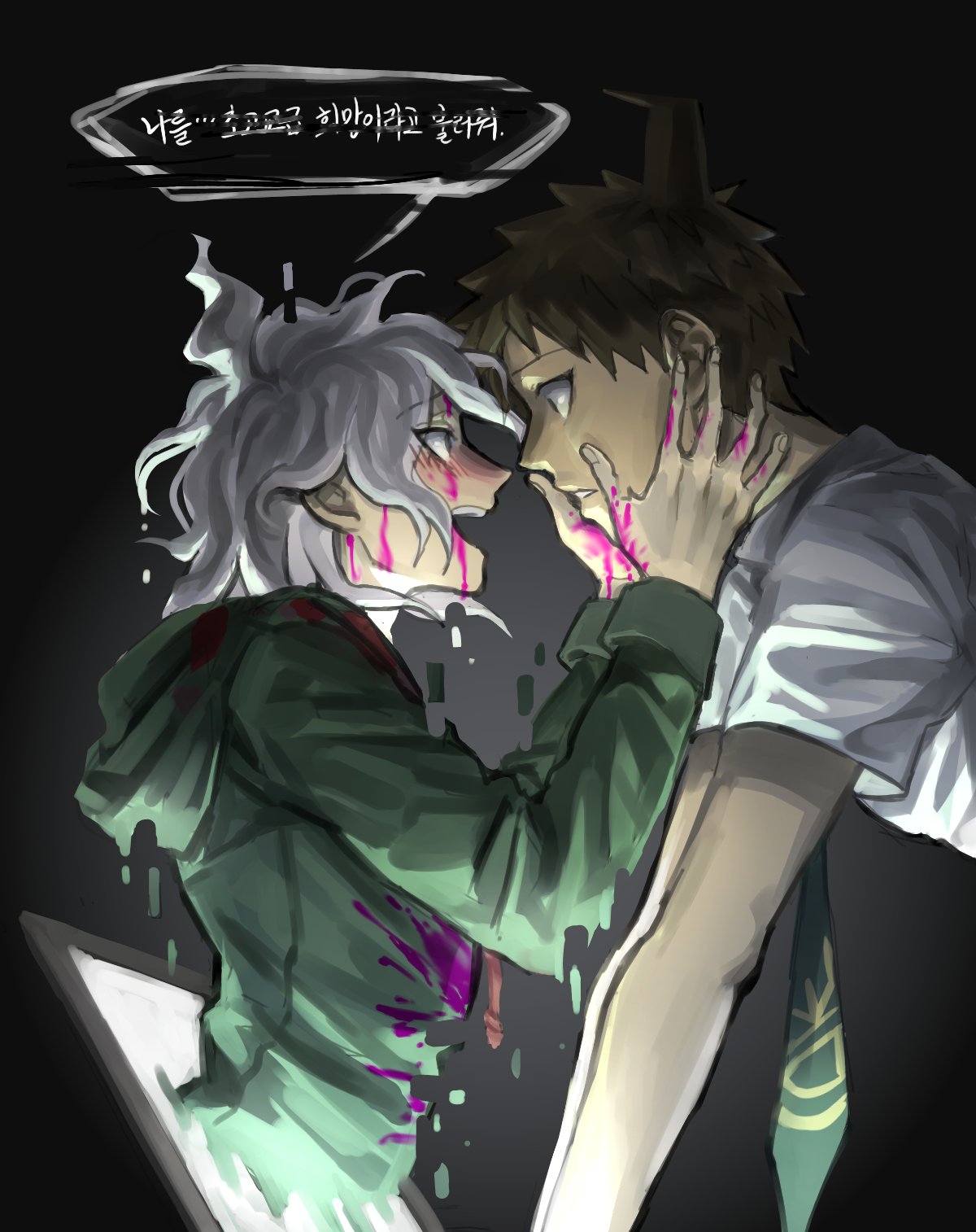 2boys ahoge bangs blood blood_on_face bloody_clothes bloody_hands bloody_tears blush brown_hair coat commentary_request dangan_ronpa_(series) dangan_ronpa_2:_goodbye_despair doggye_(zginrwsn) eye_contact from_side green_coat green_neckwear grey_hair hands_on_another's_cheeks hands_on_another's_face highres hinata_hajime hood hood_down komaeda_nagito long_sleeves looking_at_another male_focus medium_hair messy_hair multiple_boys necktie open_mouth pink_blood profile shirt short_hair simple_background speech_bubble tagme television through_screen translation_request upper_body upper_teeth white_shirt