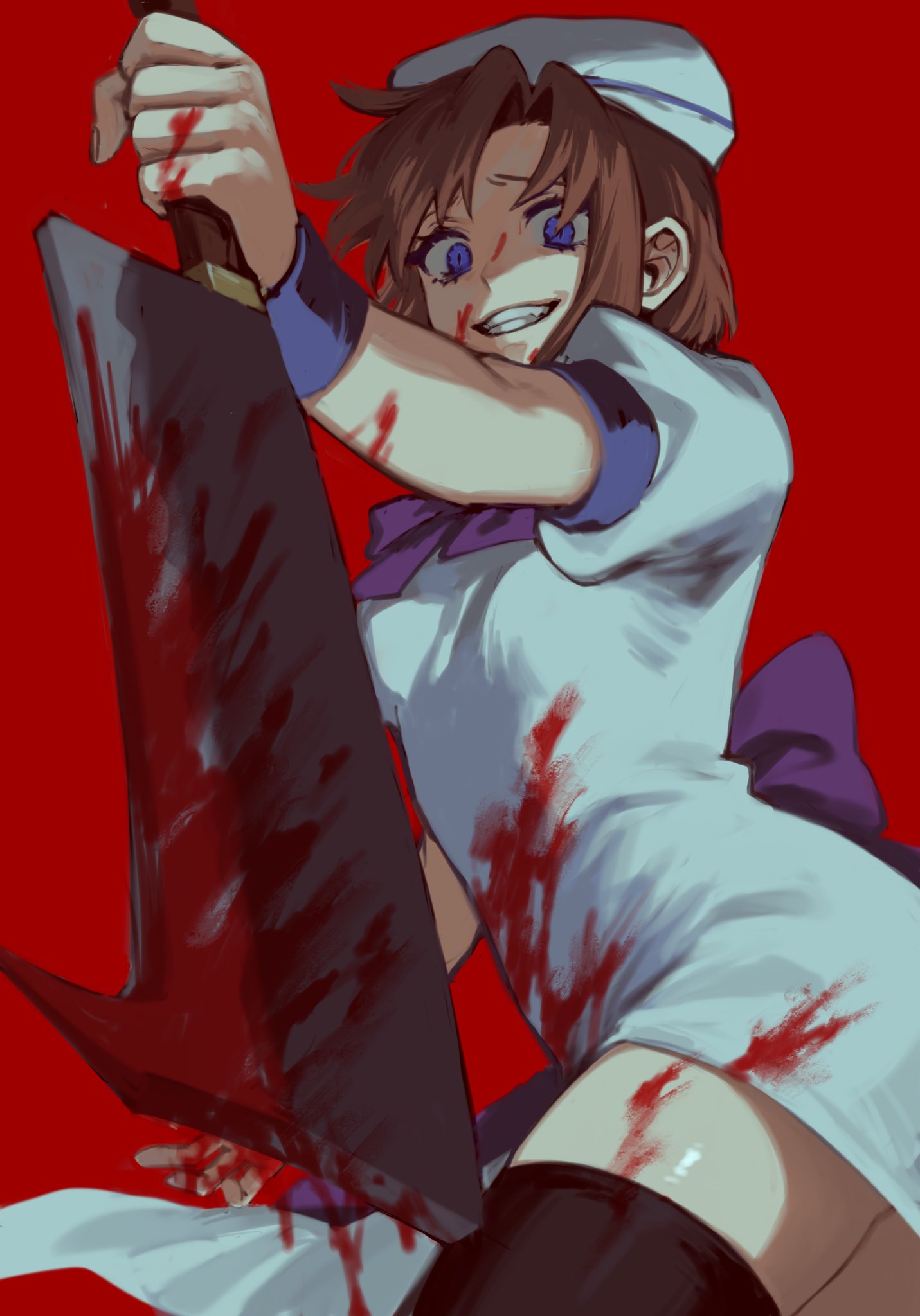 1girl beret blood blood_on_face blood_on_leg bloody_clothes bloody_hands bloody_weapon blue_eyes bow clenched_teeth commentary dress evil_smile feet_out_of_frame from_below hat hatchet highres higurashi_no_naku_koro_ni looking_at_viewer noriuma nose_hatchet orange_hair puffy_short_sleeves puffy_sleeves purple_bow red_background ryuuguu_rena short_hair short_sleeves simple_background smile solo teeth thigh-highs weapon white_dress white_headwear wrist_cuffs yandere zettai_ryouiki