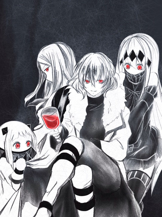 1boy 3girls abyssal_ship aircraft_carrier_water_oni alcohol bf_25lan black_dress black_legwear castlevania castlevania:_aria_of_sorrow coat cupping_glass dark_background dark_persona detached_sleeves dress fur-trimmed_coat fur_trim horns kantai_collection long_hair looking_at_viewer multiple_girls northern_ocean_princess pale_skin pantyhose red_eyes sake shirt smile soma_cruz spot_color ta-class_battleship thigh-highs trench_coat turtleneck very_long_hair white_dress white_hair