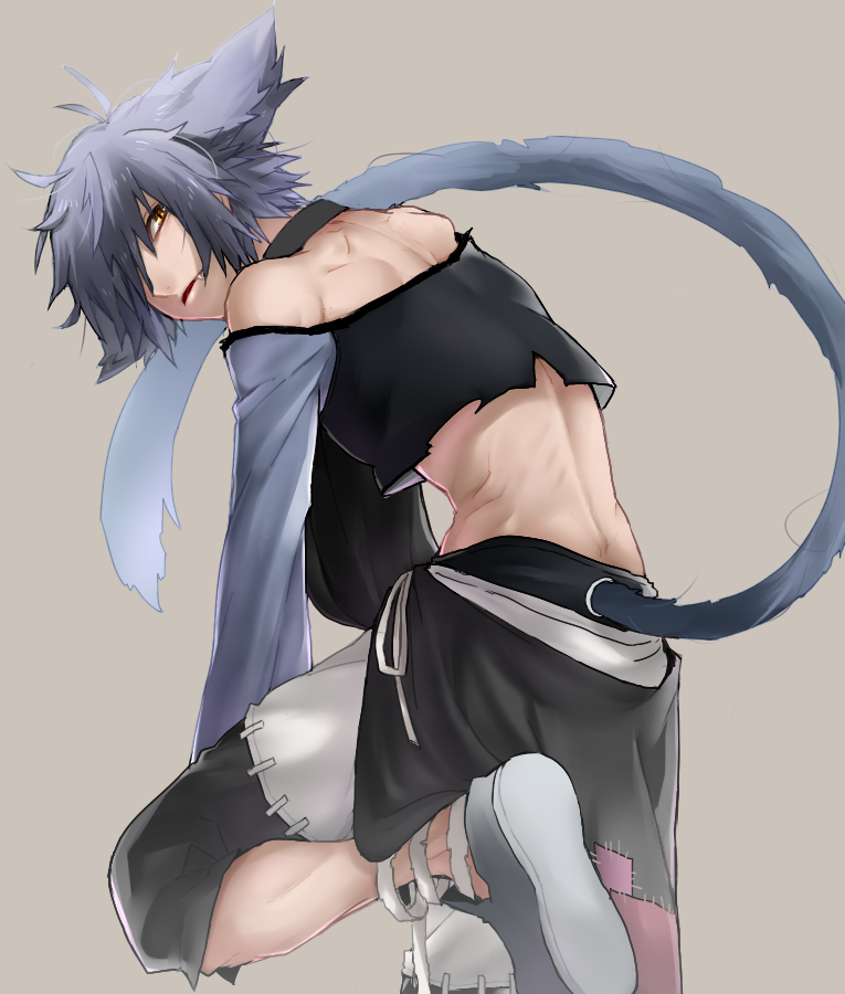 1boy cat_tail crop_top foot_out_of_frame grey_background grey_hair hair_over_one_eye hans_humpty komiya_harumoto looking_back male_focus midriff rokka_no_yuusha short_hair simple_background solo standing standing_on_one_leg tail toned toned_male