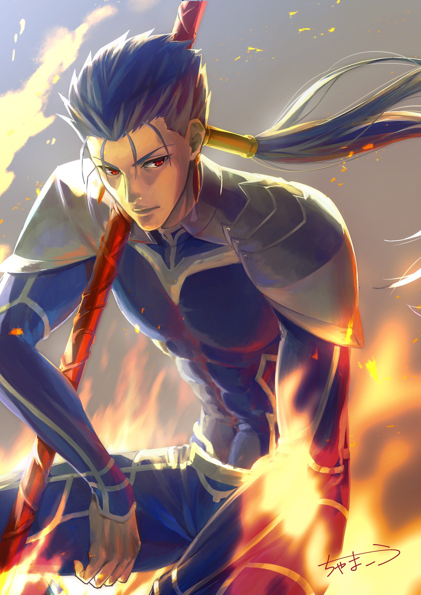 1boy abs armor beads blue_hair bodysuit chama_kou closed_mouth cu_chulainn_(fate)_(all) earrings fate/stay_night fate_(series) fire floating_hair gae_bolg hair_beads hair_ornament highres jewelry lancer long_hair looking_to_the_side male_focus muscular pauldrons ponytail red_eyes shoulder_armor signature skin_tight solo spiky_hair type-moon