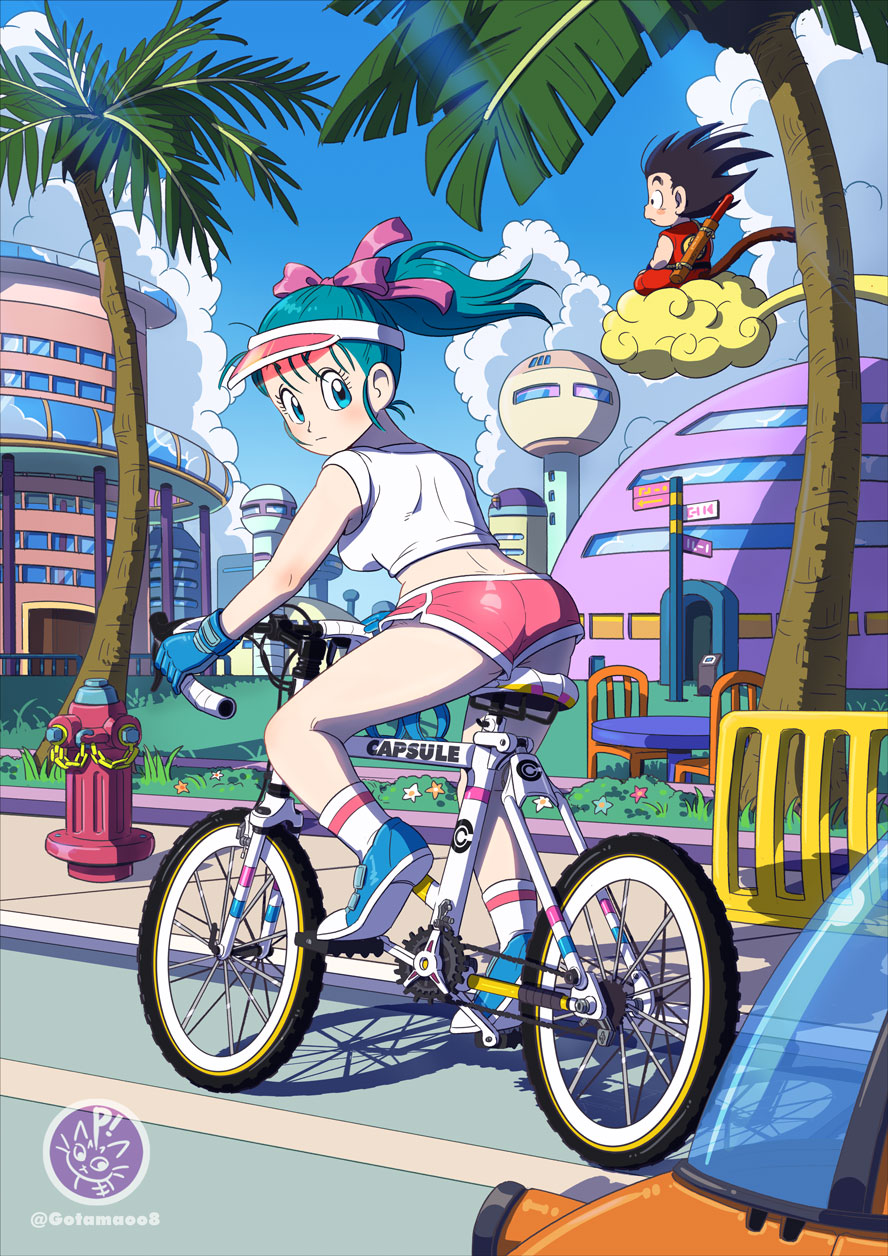 1boy 1girl ass bicycle black_hair blue_eyes blue_flower blue_footwear blue_gloves blue_hair blue_sky breasts building bulma bush chair city closed_mouth clouds cloudy_sky commentary_request crop_top day dragon_ball dragon_ball_(classic) expressionless eyelashes fence fire_hydrant floating_hair flower flying_nimbus from_behind full_body gloves grass ground_vehicle hair_ribbon hat high_ponytail highres house light_rays looking_afar looking_back medium_breasts monkey_tail motor_vehicle norita_(6110885) nyoibo orange_flower outdoors palm_tree pink_flower pink_headwear pink_ribbon pink_shorts ribbon riding road road_sign shadow shiny shiny_hair shoes short_shorts shorts sideboob sidewalk sign signature sitting sky sneakers socks son_goku sunlight symbol_commentary table tail tree twitter_username white_flower white_legwear window