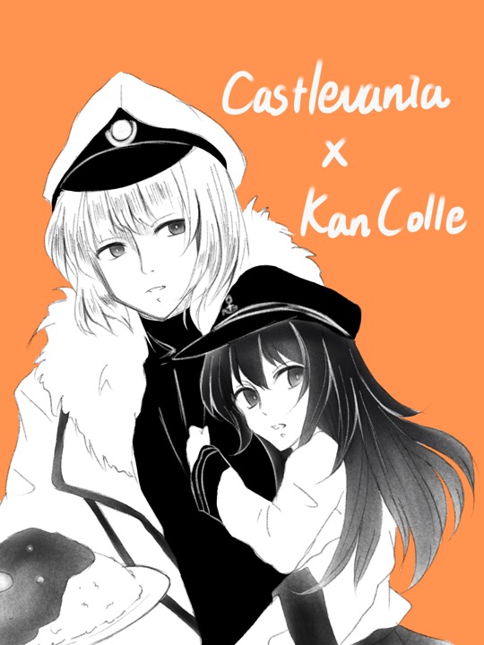1boy 1girl admiral_(kantai_collection) admiral_(kantai_collection)_(cosplay) akatsuki_(kantai_collection) anchor_symbol bf_25lan black_hair black_shirt castlevania castlevania:_aria_of_sorrow coat copyright_name cosplay curry flat_cap food fur-trimmed_coat fur_trim grin hand_on_another's_chest hat kantai_collection long_hair looking_at_viewer military_hat orange_background pale_skin school_uniform serafuku shirt smile soma_cruz spot_color trench_coat white_coat white_hair