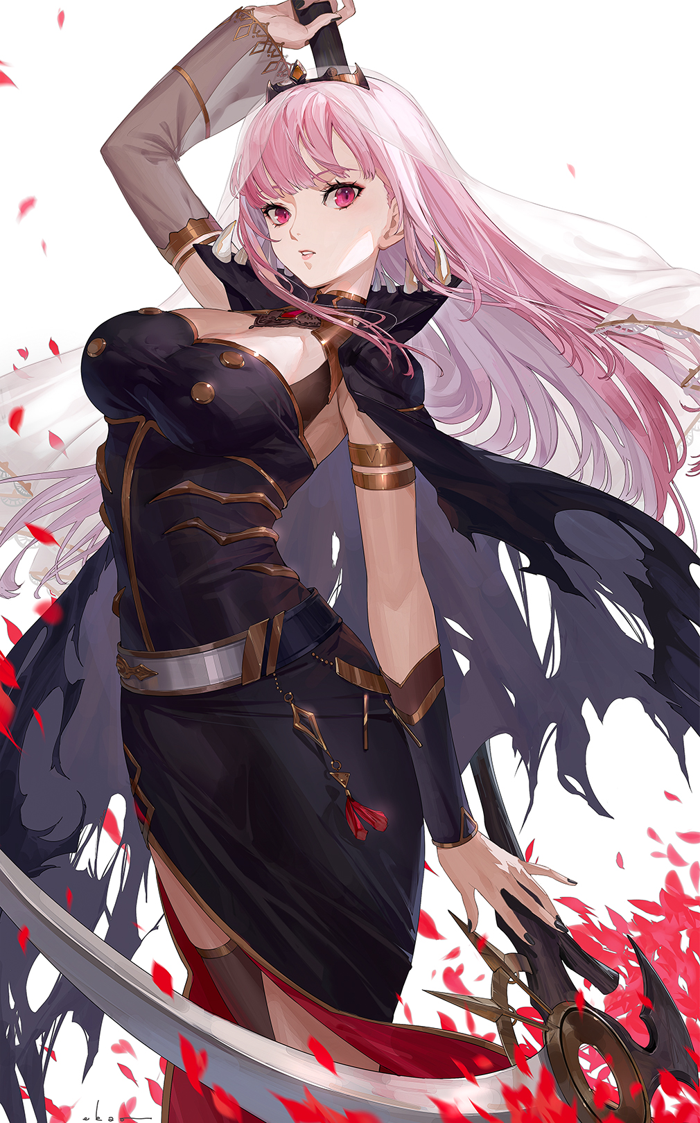 1girl arched_back arm_up armlet belt black_dress black_legwear black_nails bracer breasts detached_sleeves dress ekao falling_petals highres holding holding_scythe hololive hololive_english large_breasts lips long_hair looking_at_viewer mori_calliope parted_lips petals pink_hair red_eyes rose_petals school_uniform scythe simple_background single_detached_sleeve single_thighhigh solo tassel tattered_cape thigh-highs thighs veil very_long_hair white_background