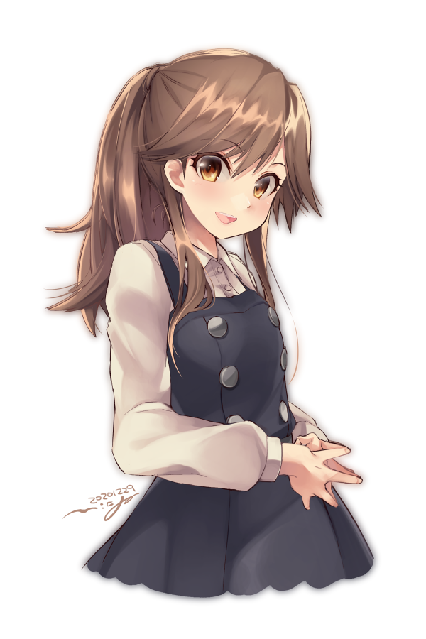 1girl alternate_hairstyle arashio_(kantai_collection) artist_name black_dress blush brown_eyes brown_hair buttons collared_shirt dated dress eyebrows_visible_through_hair hair_between_eyes kantai_collection long_hair long_sleeves nigo open_mouth pinafore_dress ponytail remodel_(kantai_collection) shirt signature simple_background smile solo white_background white_shirt