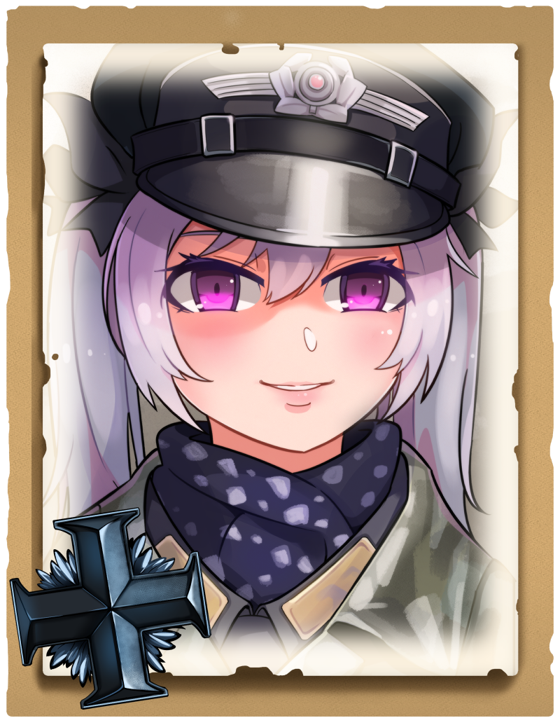 1girl bangs closed_mouth company_of_heroes german_army grin hair_between_eyes hair_ribbon hat long_hair military military_hat military_jacket military_uniform open_mouth original portrait purple_hair ribbon smile solo teeth twintails uniform violet_eyes world_war_ii zhainan_s-jun