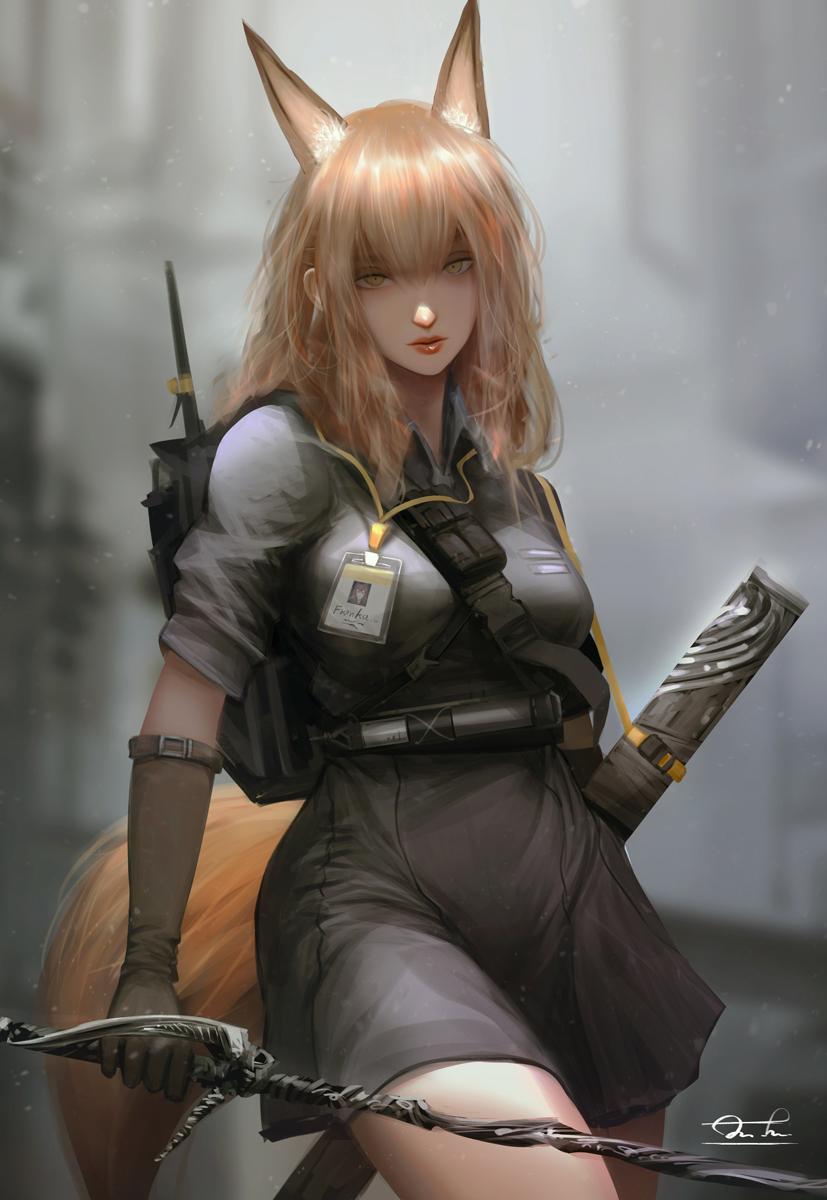 1girl animal_ear_fluff animal_ears arknights artist_name backpack bag bangs belt between_breasts black_bag black_gloves blonde_hair blurry blurry_background breasts character_name collared_dress commentary depth_of_field dress elbow_gloves english_commentary fox_ears fox_tail franka_(arknights) gloves grey_dress gun hair_between_eyes highres holding holding_sword holding_weapon id_card lanyard lips long_hair looking_at_viewer parted_lips radio_antenna razaras sheath short_sleeves signature solo standing strap sword symbol_commentary tail unsheathed weapon yellow_eyes