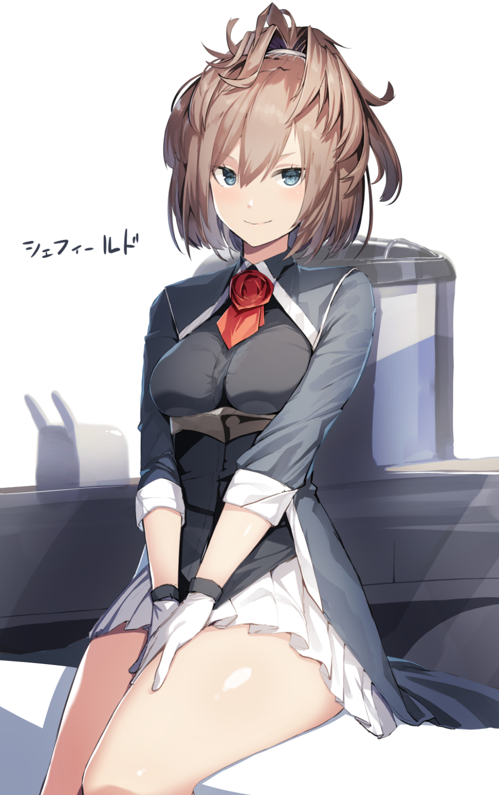 1girl ascot blue_eyes brown_hair character_name flower gloves hair_between_eyes highres kantai_collection long_sleeves machinery medium_hair messy_hair meth_(emethmeth) military military_uniform pleated_skirt ponytail red_flower red_neckwear red_rose rigging rose sheffield_(kantai_collection) skirt solo uniform white_background white_gloves white_skirt