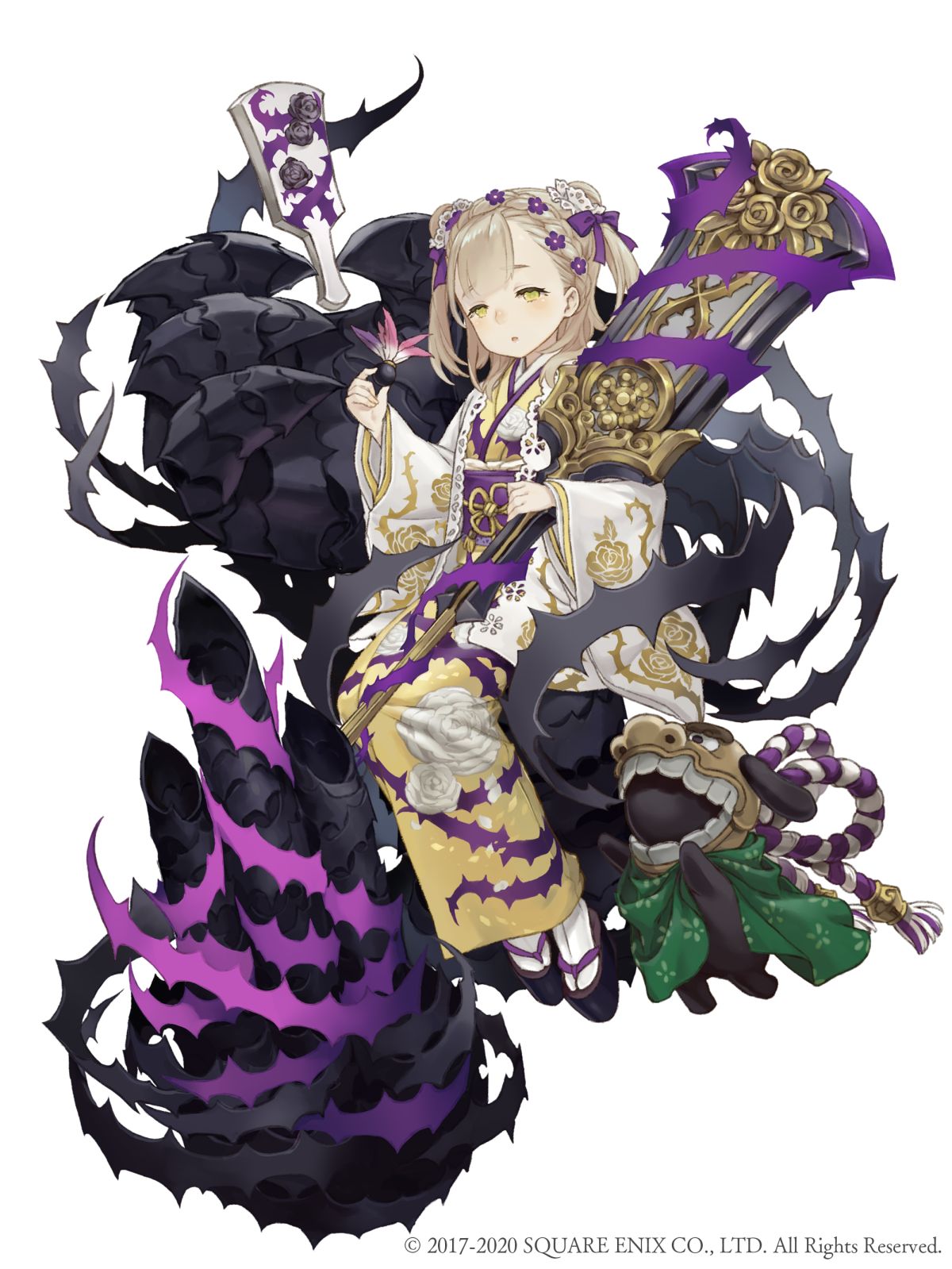 blonde_hair briar_rose_(sinoalice) eyebrows_visible_through_hair floral_print full_body half-closed_eyes highres japanese_clothes ji_no kimono looking_at_viewer official_art platform_footwear sandals sash sinoalice sitting solo square_enix stuffed_toy thorns white_background wide_sleeves yellow_eyes