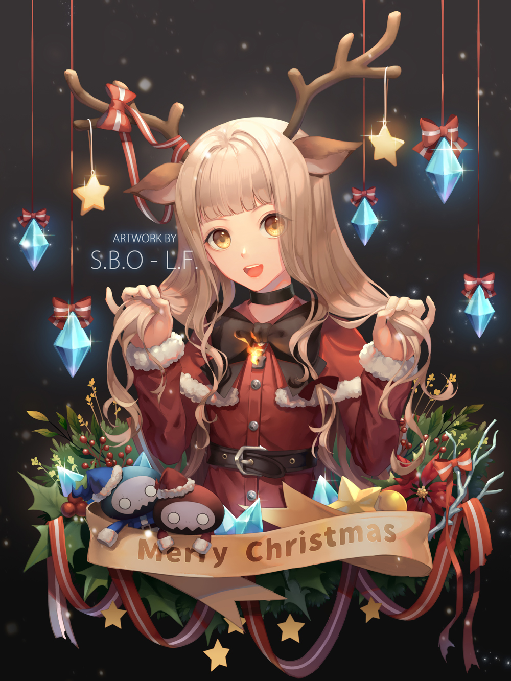 1girl :d animal_ears antlers belt blonde_hair bow bowtie choker christmas commentary_request deer_ears fur_trim gem hair_lift hair_ribbon hat highres horn_bow lf_(paro) little_red_riding_hood_(sinoalice) lock long_hair looking_at_viewer nightmare_(sinoalice) open_mouth orange_eyes padlock reindeer_antlers ribbon santa_costume santa_hat sinoalice smile star_(symbol) upper_teeth