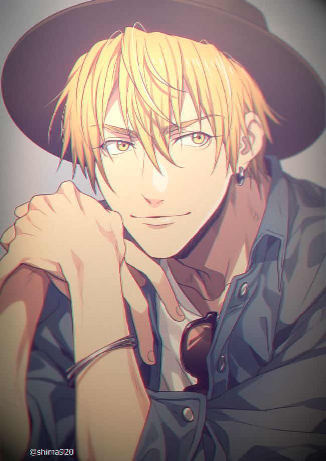 1boy bangs blonde_hair blue_jacket bracelet buttons casual closed_mouth collarbone commentary_request earrings grey_background hair_between_eyes hands_up hat jacket jewelry kise_ryouta kuroko_no_basuke looking_to_the_side male_focus mashima_shima open_clothes open_jacket own_hands_together shirt short_hair simple_background smile solo sunglasses twitter_username upper_body white_shirt yellow_eyes