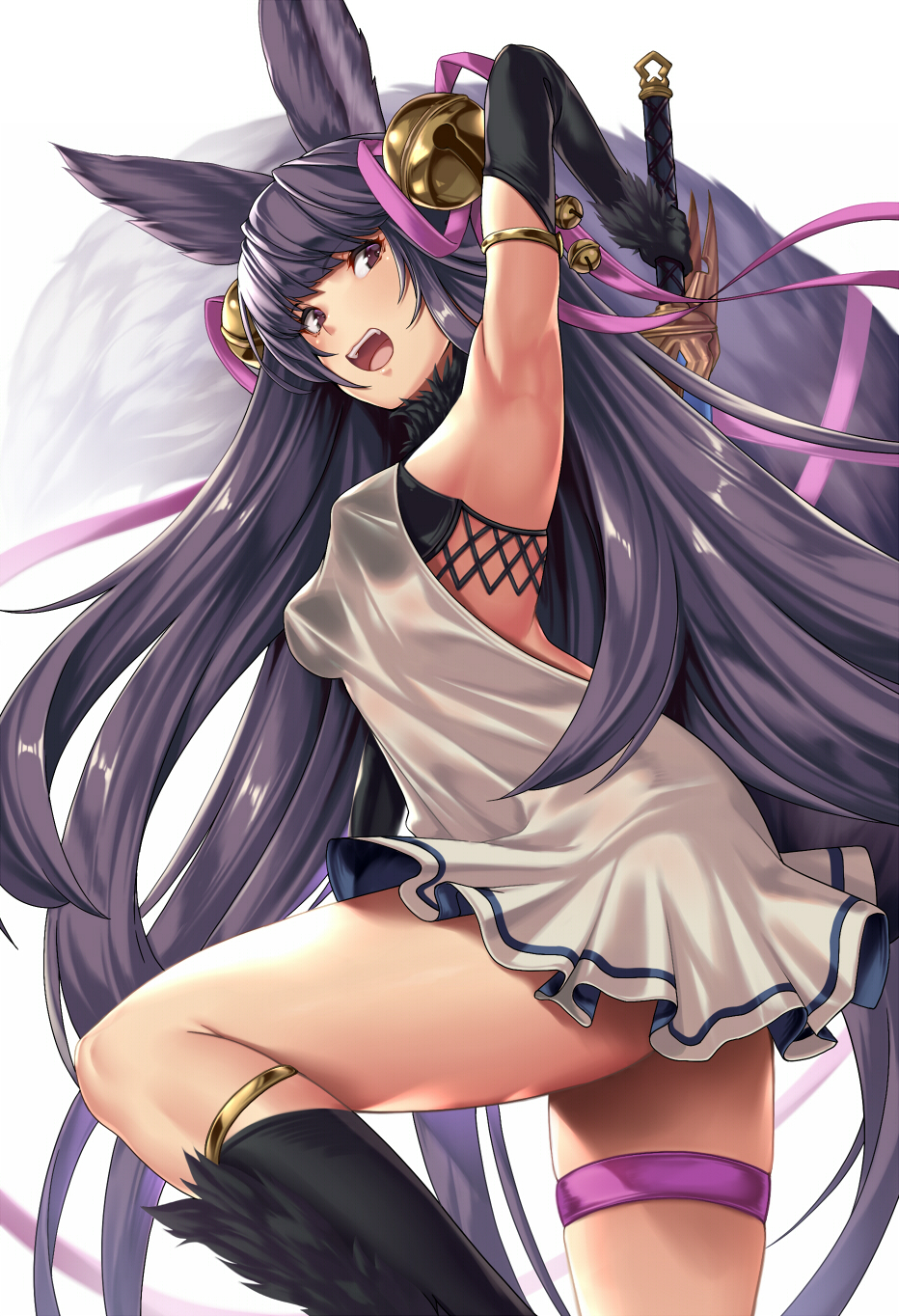 1girl animal_ears bangs bare_shoulders bell black_hair blue_sky blush breasts dress erune fox_ears fox_tail granblue_fantasy hair_bell hair_ornament highres jingle_bell large_breasts long_hair looking_at_viewer open_mouth short_dress sky smile sword tail takanashi-a thighs very_long_hair violet_eyes weapon white_dress yuel_(granblue_fantasy)