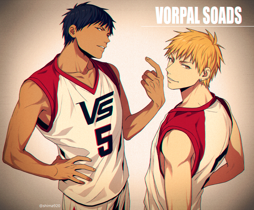 2boys aomine_daiki bangs basketball_uniform beckoning black_eyes black_hair blonde_hair clothes_writing collarbone commentary_request dark_skin dark_skinned_male earrings gradient gradient_background grey_background hand_on_hip hand_up head_tilt jewelry kise_ryouta kuroko_no_basuke looking_at_viewer male_focus mashima_shima multiple_boys number parted_lips shirt short_hair shorts sleeveless sleeveless_shirt smile smirk sportswear twitter_username upper_body white_shirt white_shorts yellow_eyes