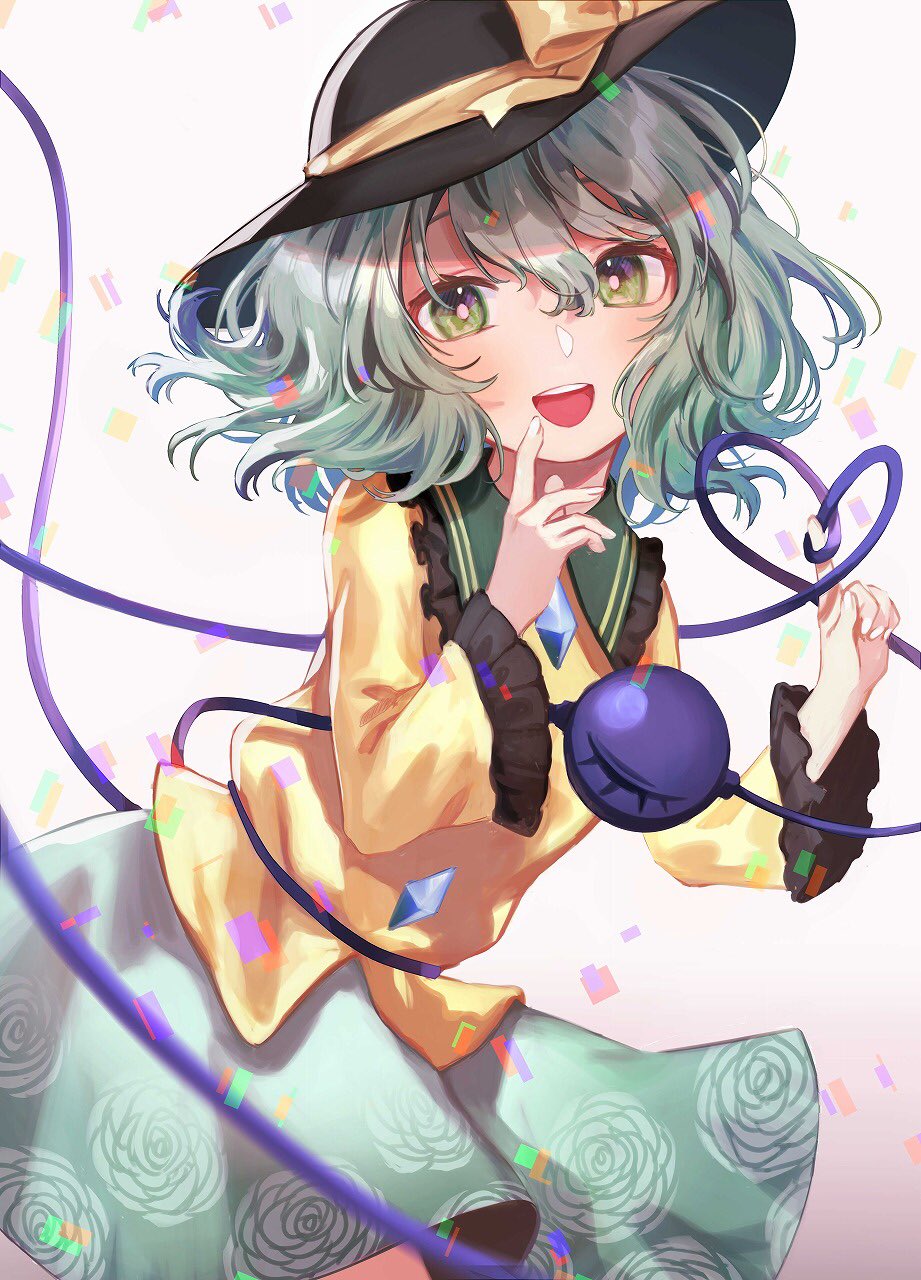 1girl :d arm_up bangs blush breasts bright_pupils commentary_request confetti diamond_button eyeball finger_to_mouth fingernails floral_print frilled_shirt_collar frilled_skirt frilled_sleeves frills green_eyes green_nails green_skirt grey_background grey_hair hair_between_eyes hat hat_ribbon heart heart_of_string highres index_finger_raised koishi_day komeiji_koishi long_sleeves looking_at_viewer looking_down medium_breasts nail_polish open_mouth ribbon rose_print shirt short_hair simple_background skirt sleeves_past_wrists smile solo teeth teruteru_(teru_teru) third_eye touhou upper_teeth white_pupils wide_sleeves yellow_ribbon yellow_shirt