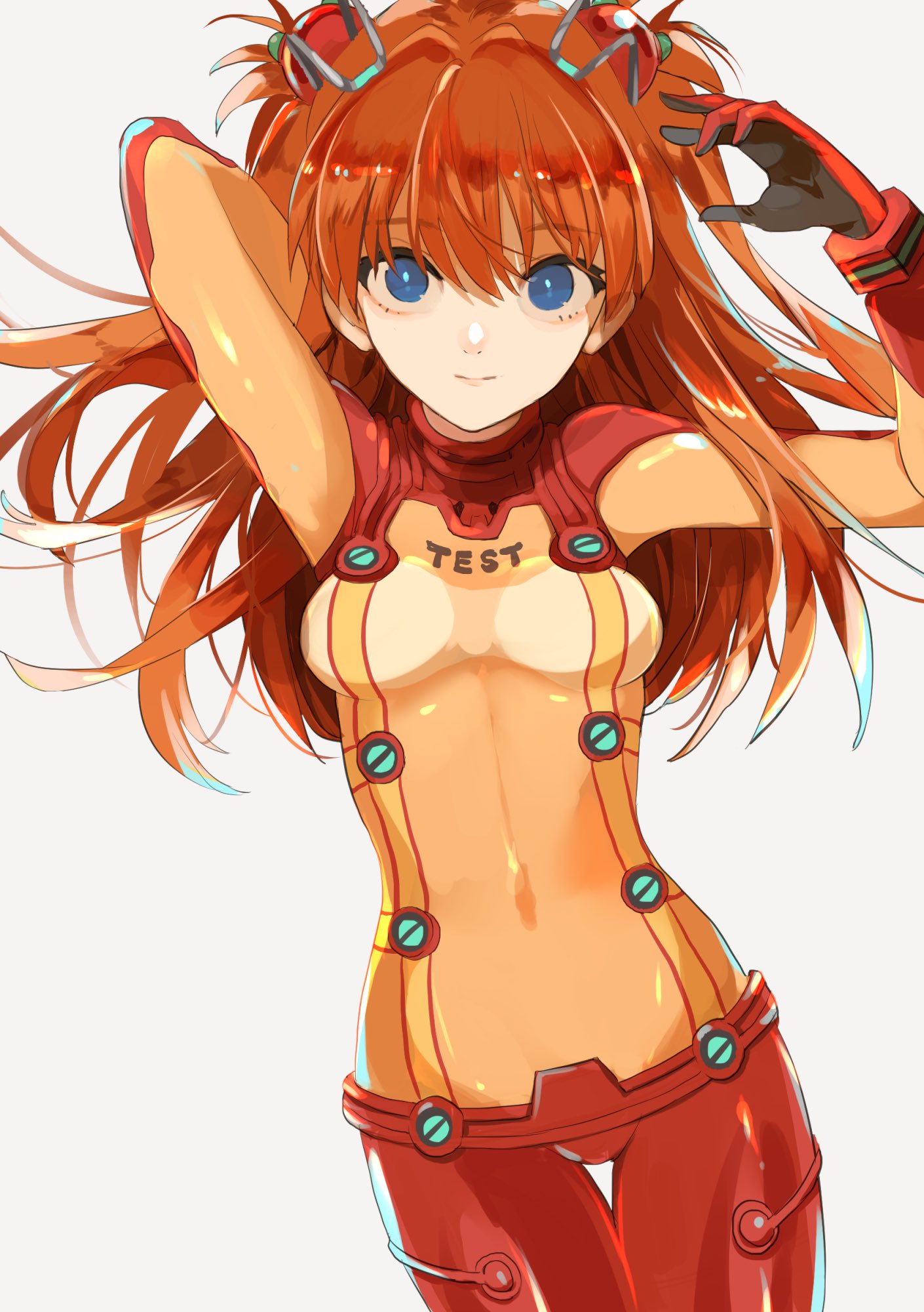 1girl arm_behind_head arms_up bangs blue_eyes bodysuit bracer breasts bright_pupils brown_hair closed_mouth commentary_request covered_navel cowboy_shot english_text evangelion:_2.0_you_can_(not)_advance floating_hair grey_background hair_between_eyes hair_bobbles hair_ornament highres joniko1110 long_hair looking_at_viewer multicolored multicolored_bodysuit multicolored_clothes navel neon_genesis_evangelion orange_bodysuit orange_hair plugsuit rebuild_of_evangelion red_bodysuit shikinami_asuka_langley simple_background small_breasts solo souryuu_asuka_langley test_plugsuit turtleneck