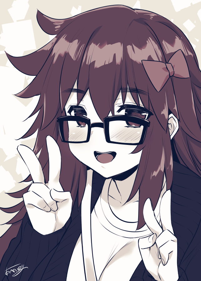 1girl :d abe_inori bangs black-framed_eyewear blush bow brown_eyes collarbone commentary_request double_v eyebrows_visible_through_hair fate/extra fate/extra_ccc fate_(series) glasses hair_bow hands_up jinako_carigiri long_hair long_sleeves looking_at_viewer monochrome open_mouth ribbed_sweater shirt signature smile solo sweater v