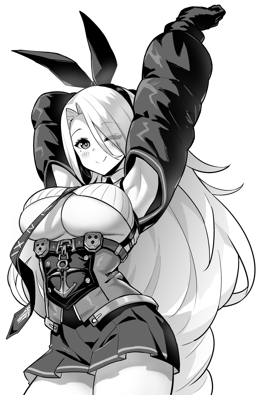 1girl absurdly_long_hair anchor_symbol armpits arms_up azur_lane bangs black_sleeves blush breasts crop_top eyes_visible_through_hair greyscale hair_over_one_eye hairband high-waist_skirt highres hori_(hori_no_su) iron_blood_(emblem) large_breasts long_hair mole mole_under_eye monochrome necktie one_eye_closed parted_bangs prinz_heinrich_(azur_lane) ribbed_shirt shirt simple_background skirt smile solo under_boob very_long_hair white_background