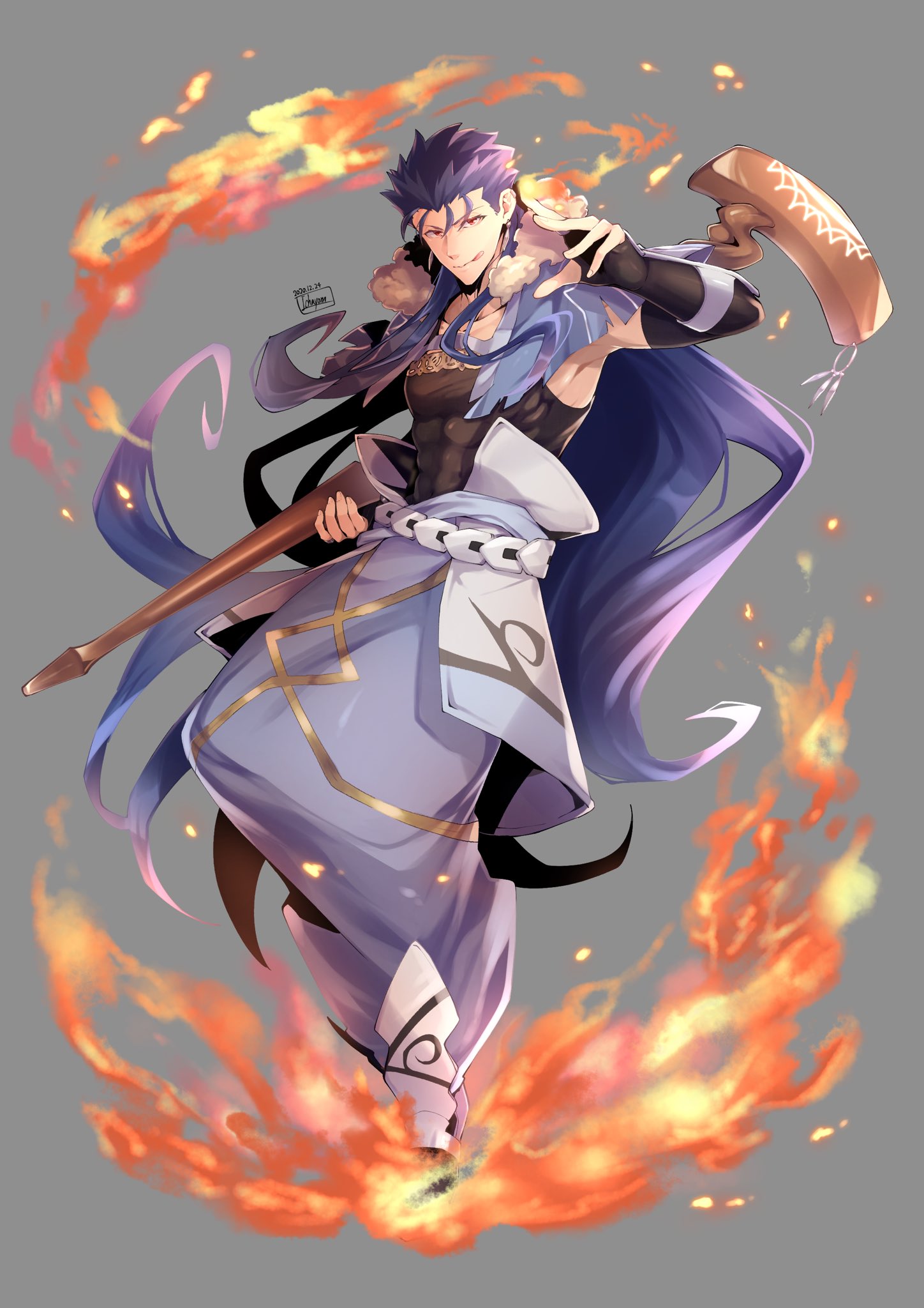 1boy abs armpits blue_hair capelet closed_mouth cu_chulainn_(fate)_(all) cu_chulainn_(fate/grand_order) dated earrings elbow_gloves fate/grand_order fate_(series) fingerless_gloves fire floating_hair full_body fur-trimmed_hood fur_trim gloves greaves grey_background grin highres holding holding_staff hood hood_down hooded_capelet ichayon jewelry long_hair looking_at_viewer male_focus muscular red_eyes shirt_lift signature simple_background skin_tight smile solo spiky_hair staff tongue tongue_out type-moon vambraces very_long_hair wooden_staff