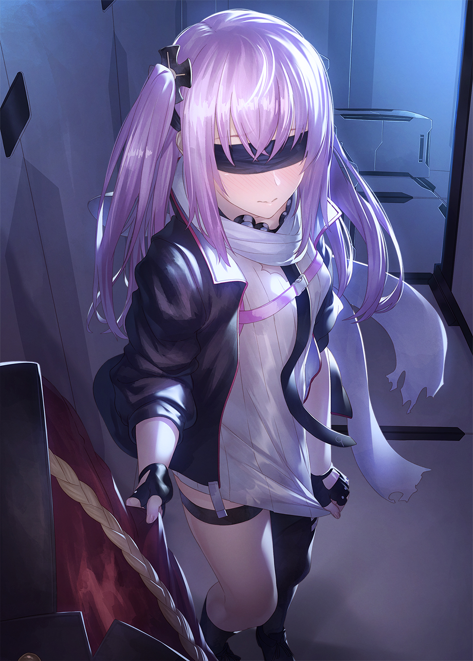 1girl black_footwear black_gloves black_jacket blindfold blush breasts closet commission embarrassed fingerless_gloves girls_frontline gloves hair_ornament highres holding_another ibuki_notsu jacket long_hair looking_at_viewer pink_hair ribbed_shirt scarf shirt shoes single_thighhigh skeb_commission small_breasts solo st_ar-15_(girls_frontline) thigh-highs thigh_strap twintails violet_eyes