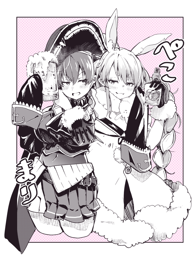 2girls :3 alcohol beer beer_mug belt blush border bottle braid breasts covered_navel cup fur_trim hat holding holding_bottle holding_cup hololive houshou_marine jacket large_breasts looking_at_another looking_to_the_side monochrome mug multiple_girls open_mouth pirate pirate_hat skirt sleeves_past_fingers sleeves_past_wrists small_breasts spot_color twin_braids usada_pekora virtual_youtuber yagi_(yagiumaaai)