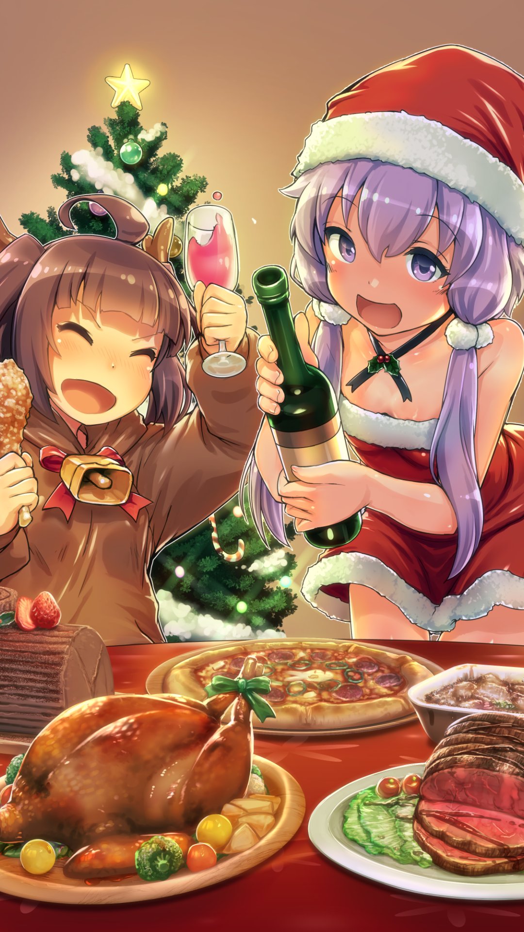 2girls ahoge animal_costume antlers bangs bell blunt_bangs bottle brown_hair brown_hoodie christmas christmas_ornaments christmas_tree closed_eyes cowboy_shot cup dinner dress drinking_glass food fried_chicken fruit fur-trimmed_dress fur-trimmed_headwear fur_trim garland_(decoration) hat highres holding holding_bottle holding_cup holding_food holly hood hoodie looking_at_viewer meal meat multiple_girls neck_bell neck_ribbon open_mouth pizza purple_hair red_dress red_headwear reindeer_antlers reindeer_costume ribbon santa_dress santa_hat short_hair_with_long_locks sidelocks sleeveless sleeveless_dress smile standing star_(symbol) strapless strapless_dress strawberry takeda_yukimura touhoku_kiritan turkey_(food) vegetable violet_eyes voiceroid wine_bottle wine_glass yule_log yuzuki_yukari