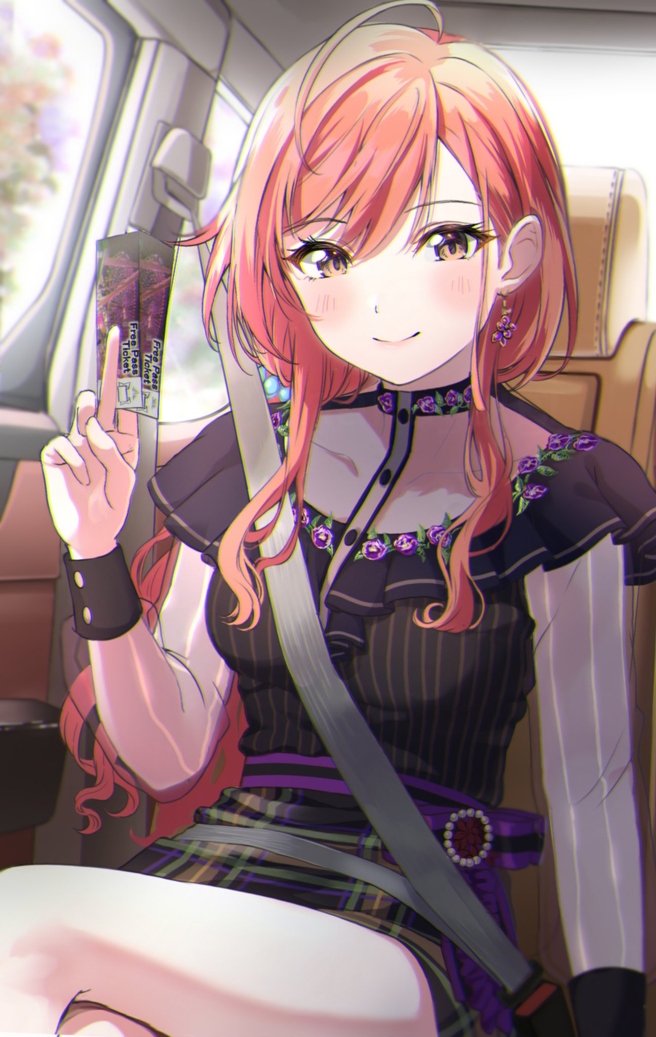 1girl ahoge arisugawa_natsuha bangs between_fingers black_shirt black_skirt blush breasts brown_eyes car_interior closed_mouth collarbone commentary_request day earrings eyebrows_visible_through_hair hair_between_eyes hand_up highres holding idolmaster idolmaster_shiny_colors jewelry long_hair looking_at_viewer orange_hair plaid plaid_skirt seatbelt see-through see-through_sleeves shaka_(staito0515) shirt skirt small_breasts smile solo striped striped_shirt vertical-striped_shirt vertical_stripes very_long_hair