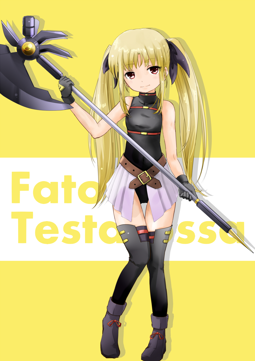 1girl background_text ban_(777purin) bangs bardiche belt black_footwear black_gloves black_legwear black_leotard black_ribbon blonde_hair brown_belt character_name closed_mouth commentary english_text engrish_text eyebrows_visible_through_hair fate_testarossa full_body gloves hair_ribbon highres holding holding_weapon leotard long_hair looking_at_viewer lyrical_nanoha magical_girl mahou_shoujo_lyrical_nanoha mahou_shoujo_lyrical_nanoha_the_movie_1st miniskirt pink_skirt pleated_skirt poleaxe ranguage red_eyes ribbon shadow shoes sidelocks skirt sleeveless smile solo standing thigh-highs thigh_gap twintails weapon yellow_background
